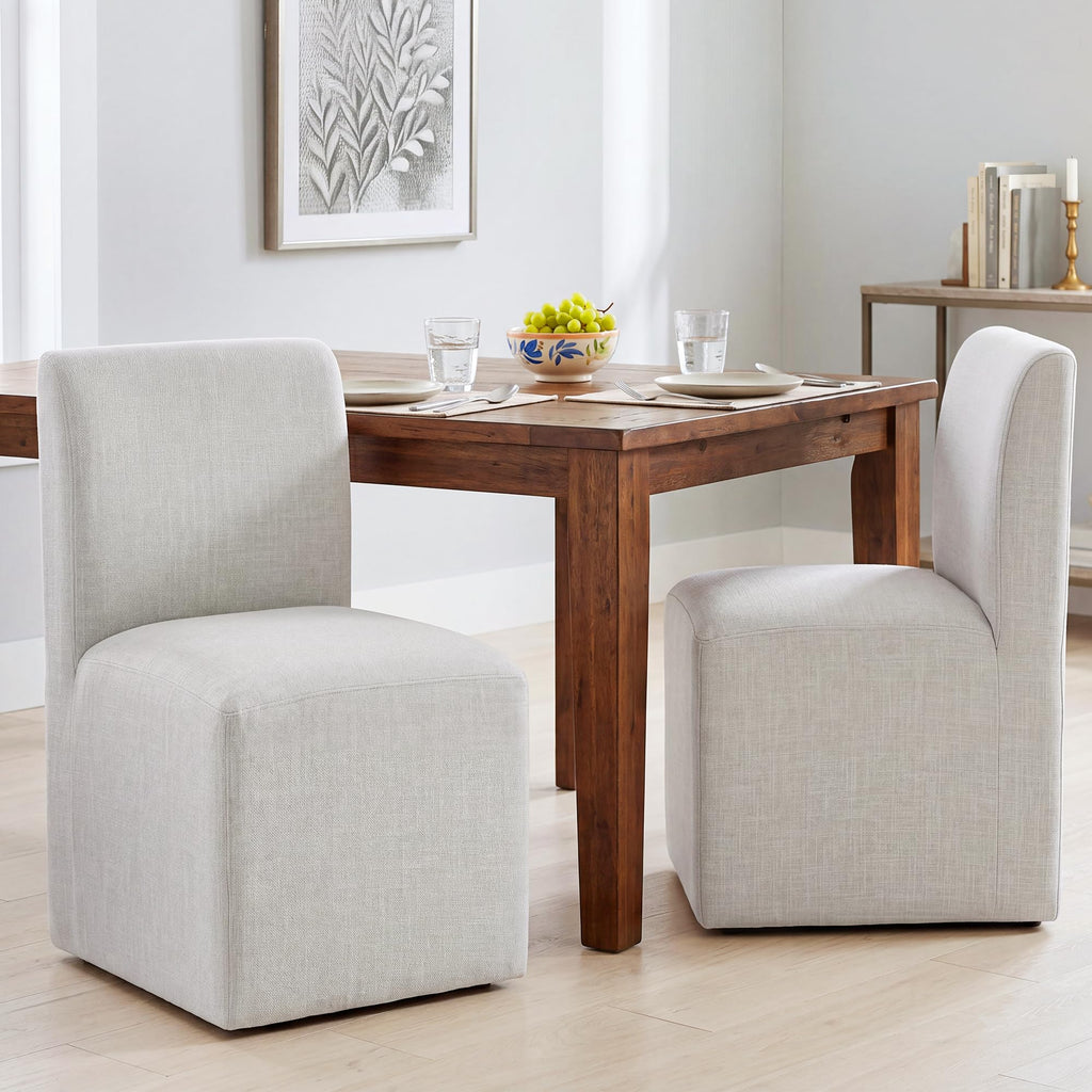 DUHOME Upholstered Dining Chair with Casters,Armless Modern Rolling Linen Dining Chairs with Wheels for Dining Room Bedroom Reading Room Living Room