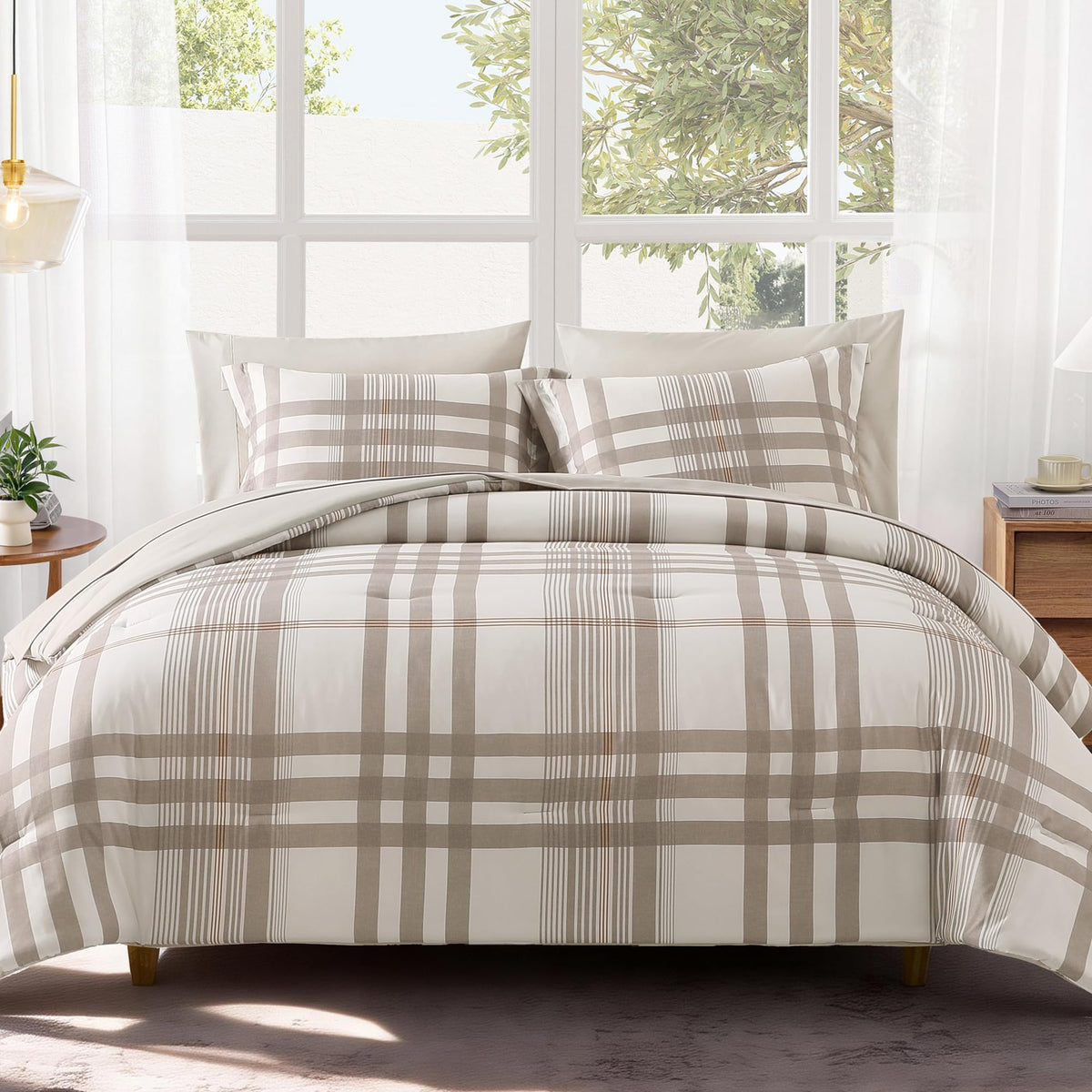 MaiRêve Queen Comforter Set, Classic Plaid Farmhouse Bedding Sets 7 Pieces, Beige All Season Bed in A Bag with Sheets, Pillowcases & Shams