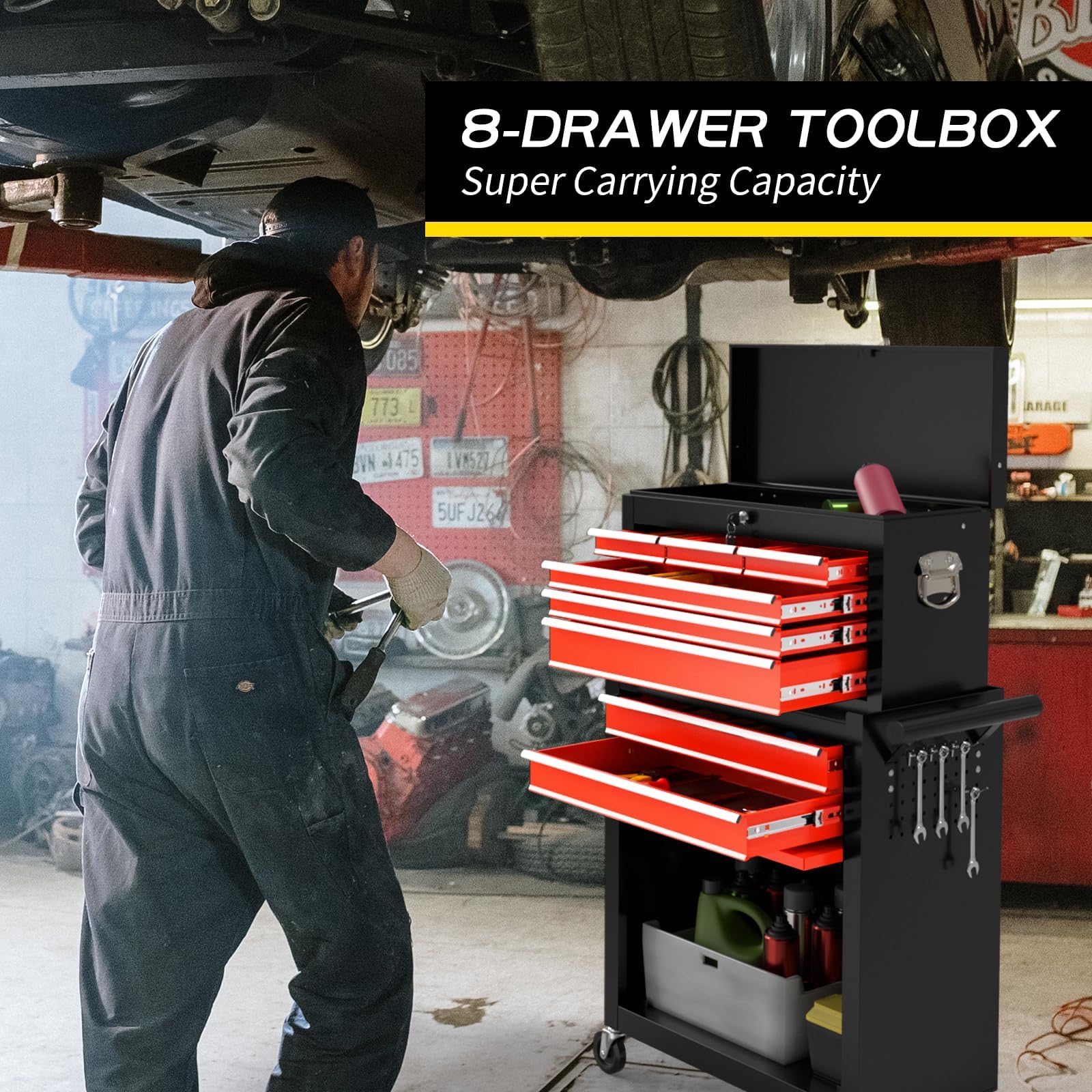 On Shine 8 Drawer Rolling Tool Chest, Large Capacity Rolling Tool Box with Wheels, Locking Mechanical Tool Chest, Portable Tool Box with Sliding Drawers for Garage Workshop and Tool Room (Black)