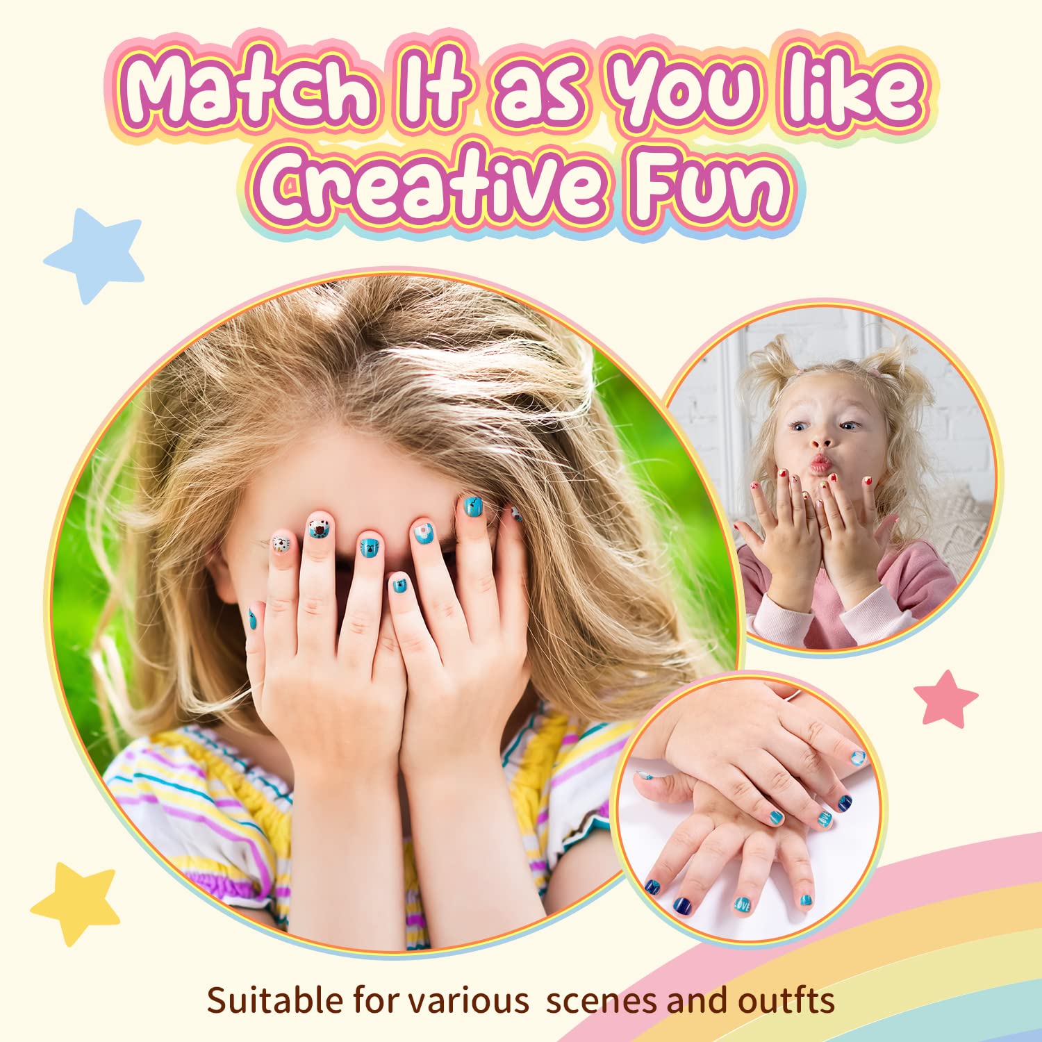 Modelones Press on Nails for Kids 144Pcs 6 Pack Children Acrylic Fake Nails Pre-glue Full Cover Glitter Gradient Color Heart Cat Short False Nail Art Kits Sets Christmas Gifts for Kids Girls