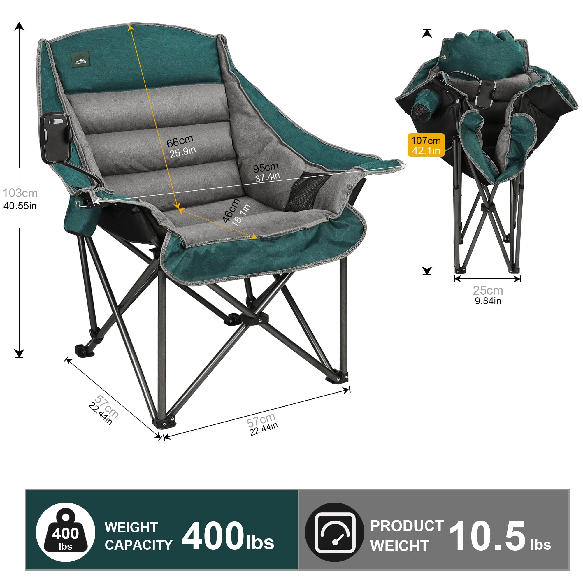 Northroad Oversized XL Padded Camping Chair w/Cell Phone Holder, Large Camp Chair, Foldable Lawn Chair w/Cup Holder,Carry Bag for Outdoor Hiking, Picnics, Heavy-Duty 400-lbs Capacity, Moca
