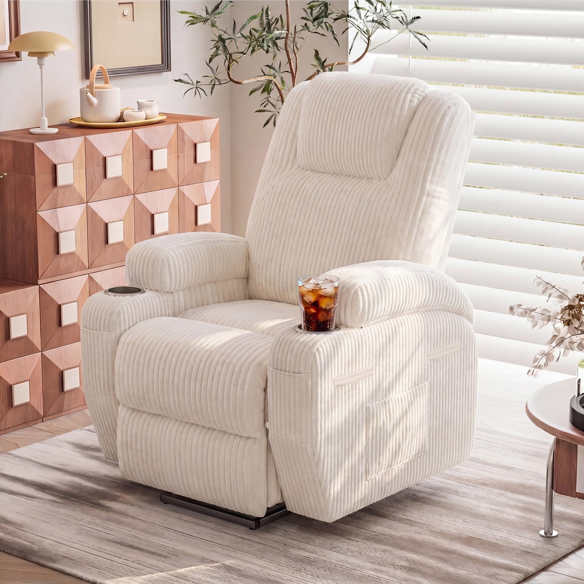 Furmax Electric Power Lift Recliner Chair with Massage for Elderly Corduroy Fabric Recliner Single Sofa with Cup Holders, Side Pockets and Remote Control for Living Room Bedroom (Leathaire, Brown)