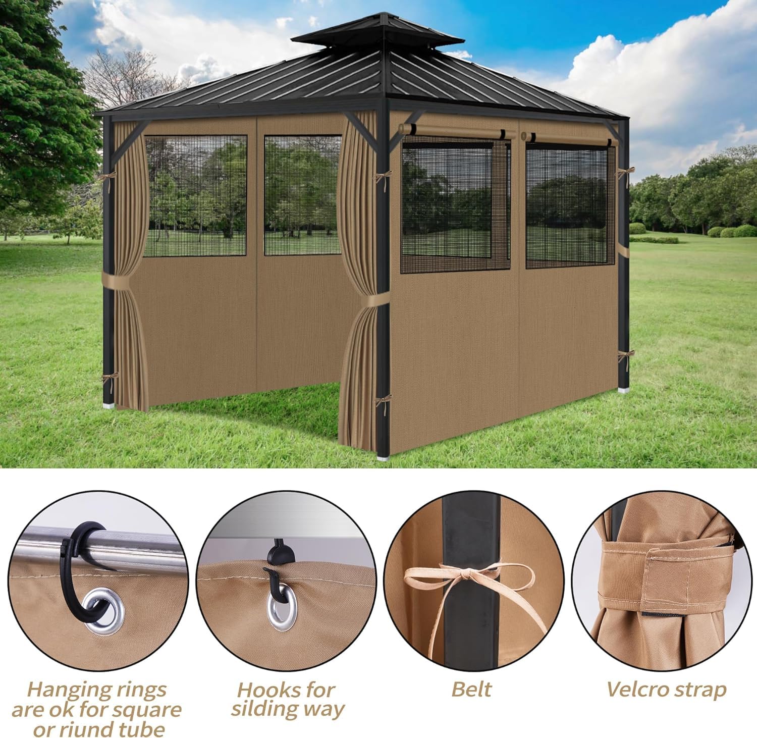 Gazebo Privacy Curtains 10' x 10' with Mosquito Windows, 4-Panels Side Wall with Zipper Universal Replacement for Patio, Outdoor Canopy, Garden and Backyard, Gray (Curtain Only)