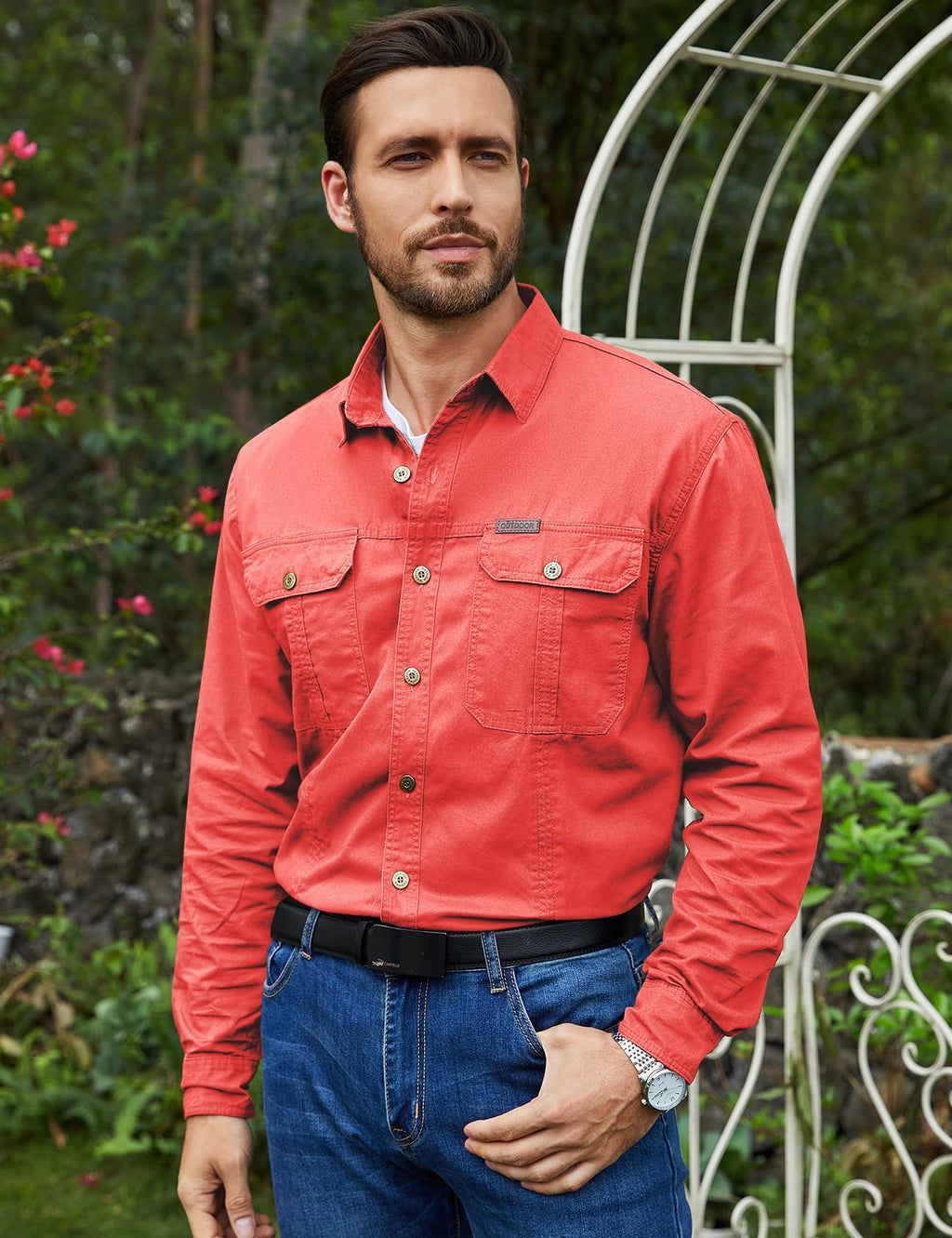 Eisctnd Men's Long Sleeve Cotton Work Shirt Casual Loose Fit Button Down Shirts with 2-Pocket for Outdoor Safari
