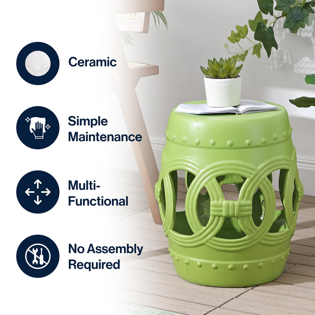 JONATHAN Y Lucky Coins 16" Ceramic Garden Stool, Contemporary Blue/White Cutout Interlocking Rings Drum Indoor/Outdoor Side Table and Plant Stand for Patio, Garden, Living Room TBL1027A