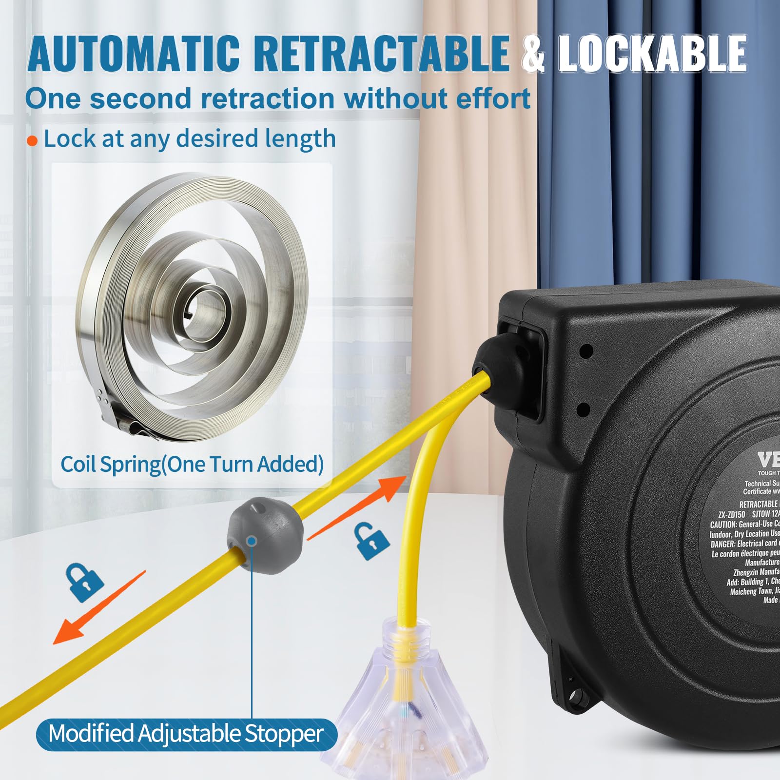 VEVOR Retractable Extension Cord Reel, 30 FT, Heavy Duty 16AWG/3C SJTOW Retractable Power Cord Reel with Lighted Triple Tap Outlet 10 Amp Circuit Breaker 4.5FT Lead-in Cord, for Ceiling or Wall Mount