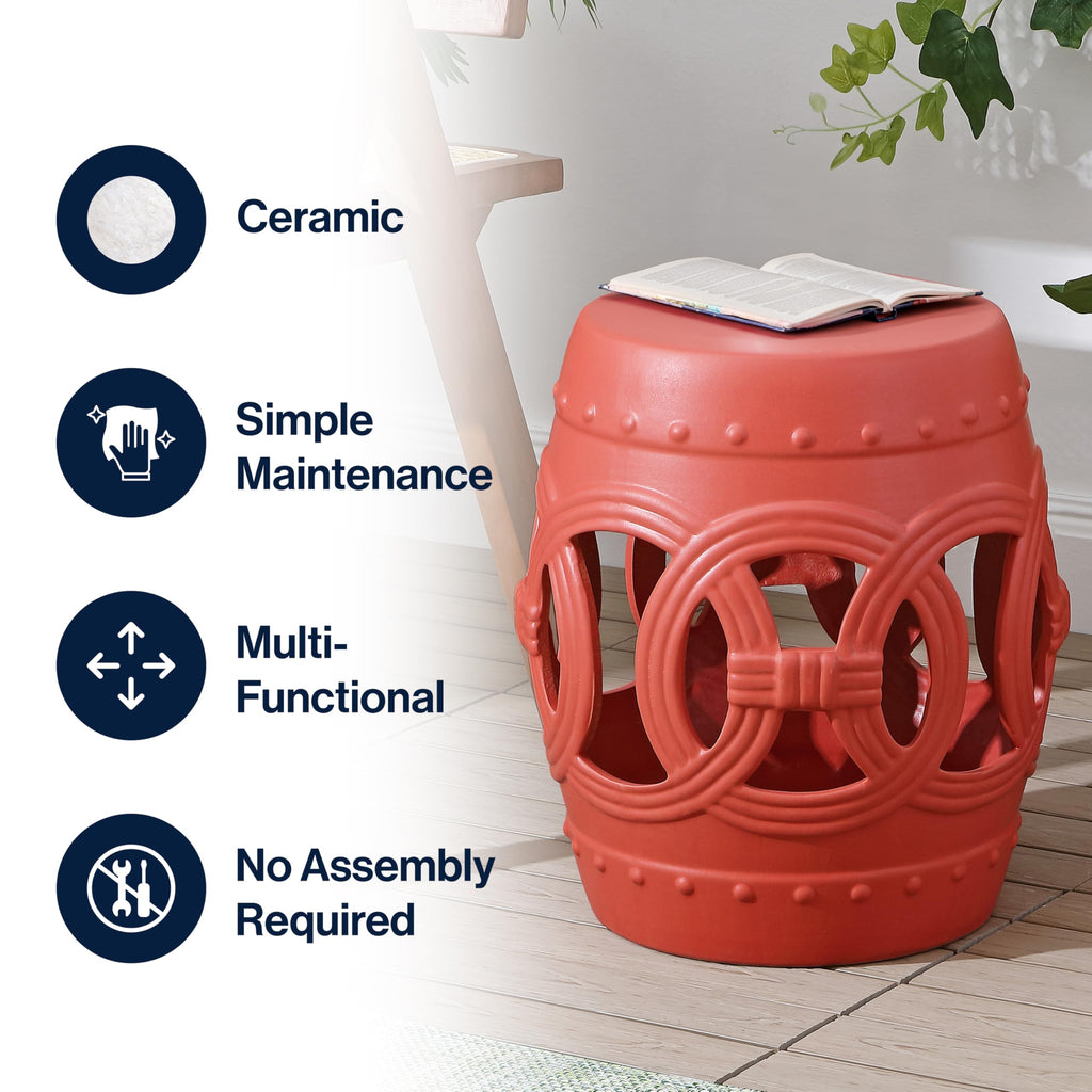 JONATHAN Y Lucky Coins 16" Ceramic Garden Stool, Contemporary Blue/White Cutout Interlocking Rings Drum Indoor/Outdoor Side Table and Plant Stand for Patio, Garden, Living Room TBL1027A