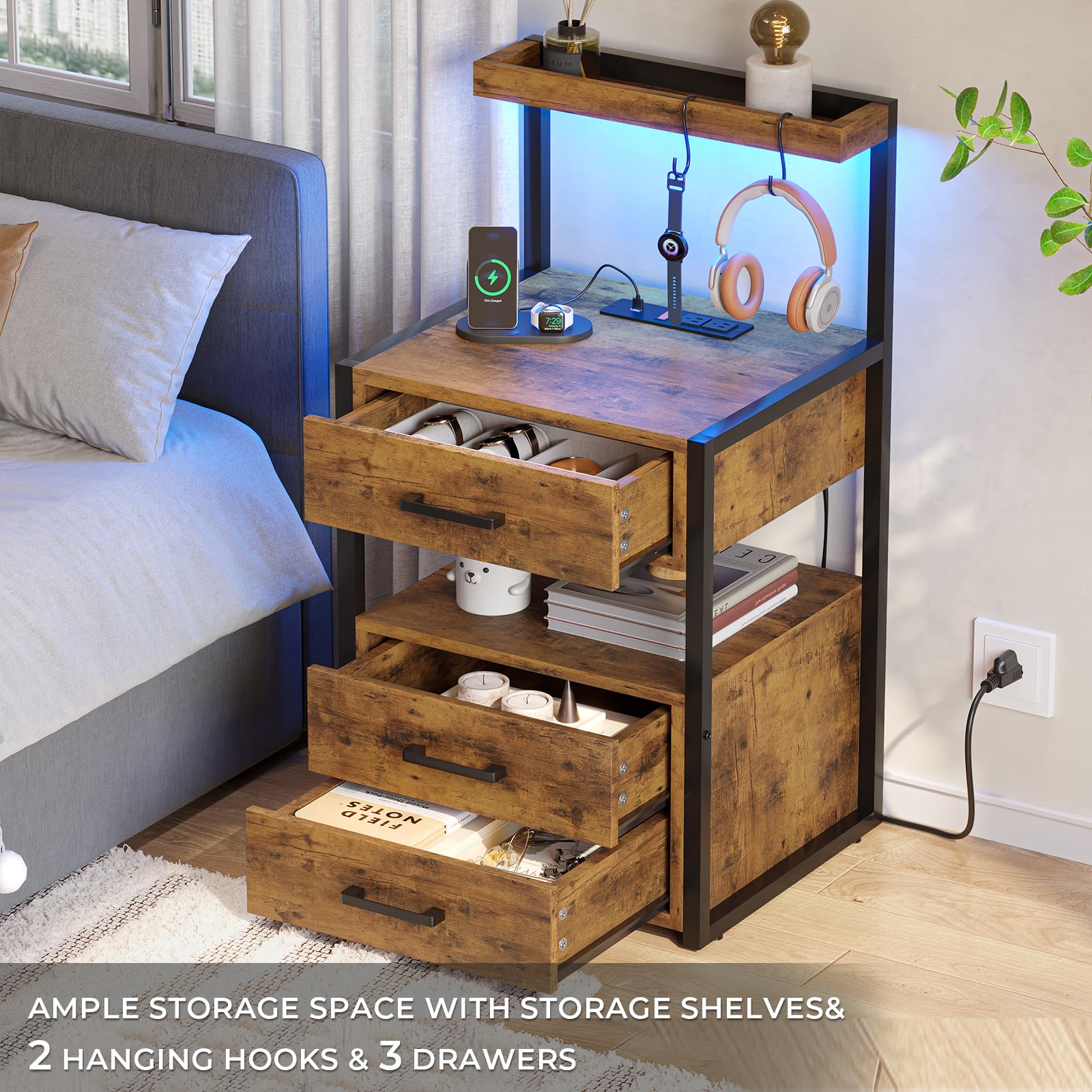 VIAGDO Led Nightstand with Charging Station, 3 Drawers Night Stands with Led Lights, Black Bedside Tables with Storage Shelves, Modern End Side Tables for Bedroom, Office