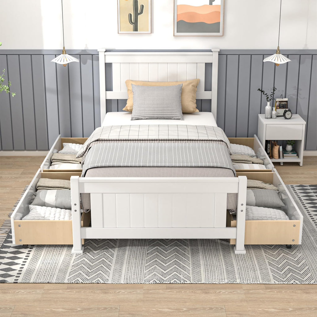 Bonnlo Twin Size Solid Wood Platform Bed Frame, Single Bed with Headboard, No Box Spring Needed Panel Bed, Wood Slat Support Mattress Foundation, White