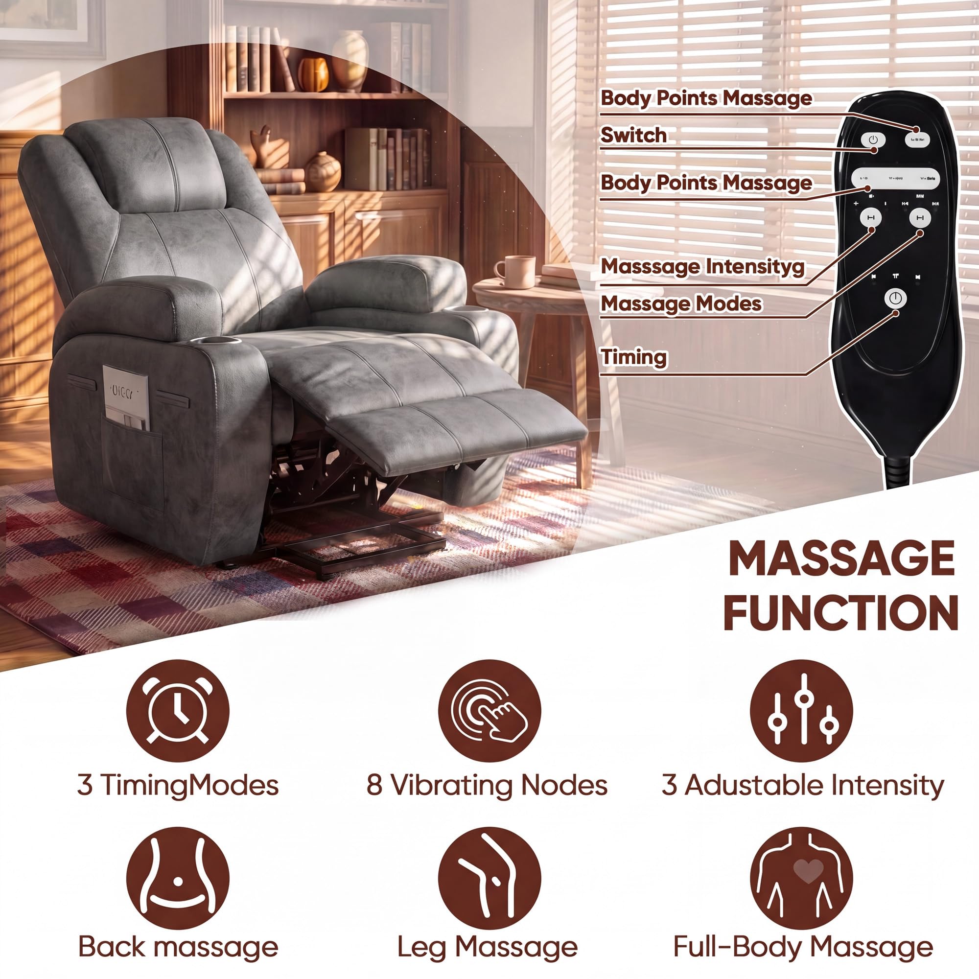 Furmax Electric Power Lift Recliner Chair with Massage for Elderly Corduroy Fabric Recliner Single Sofa with Cup Holders, Side Pockets and Remote Control for Living Room Bedroom (Leathaire, Brown)