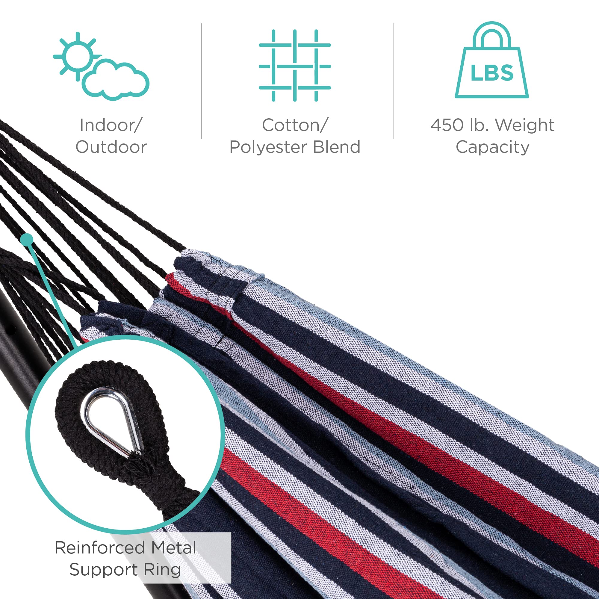 Best Choice Products Double Hammock with Steel Stand, Indoor Outdoor Brazilian-Style Cotton Bed w/Carrying Bag, 2-Person Capacity - Abyss