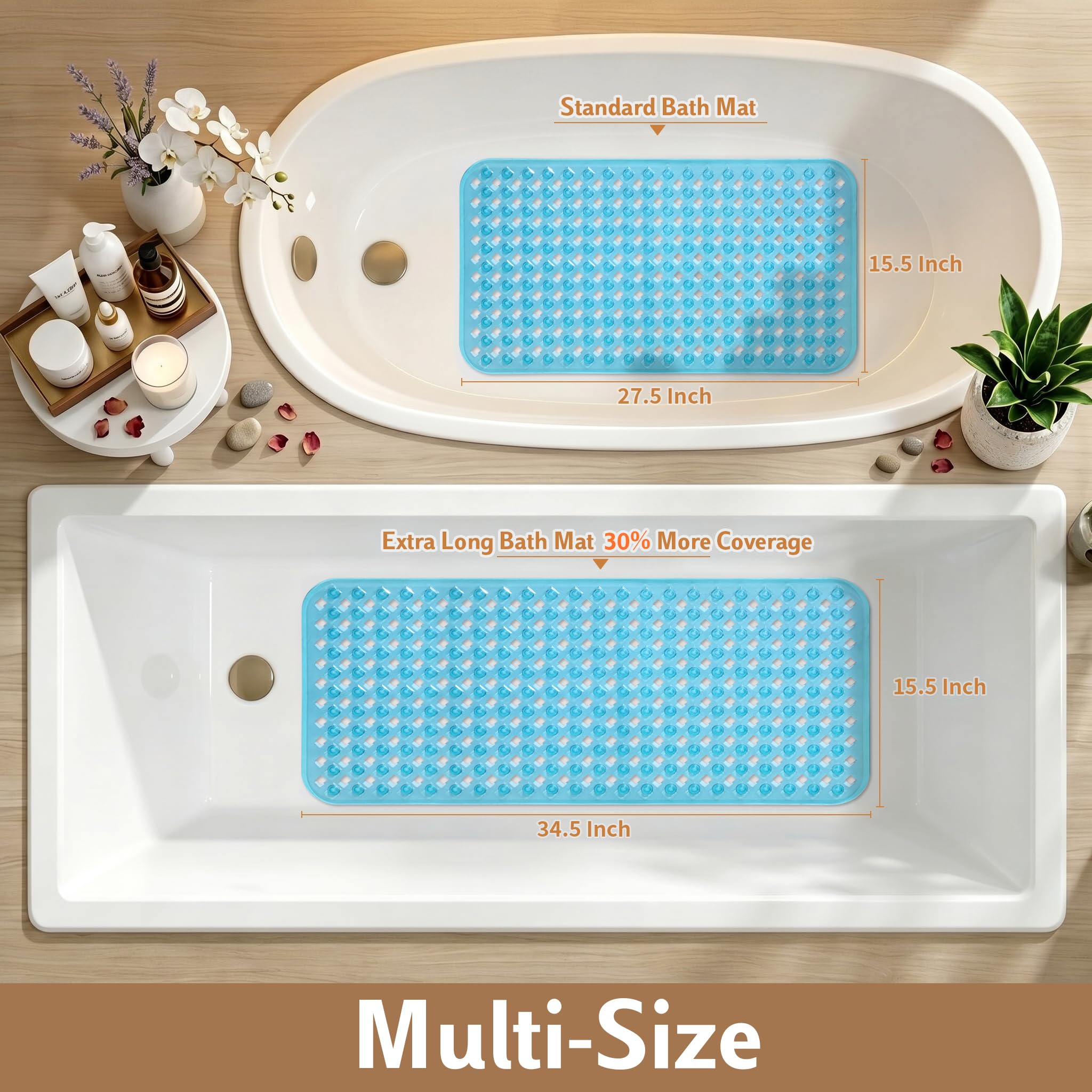 Yimobra Square Shower Mat Non Slip, Super Strong Suction Cups, 21"X21" Bath Tub Mat with Drain Holes, Machine Washable Fast Draining Bath Mats, Bathroom Essentials,Black