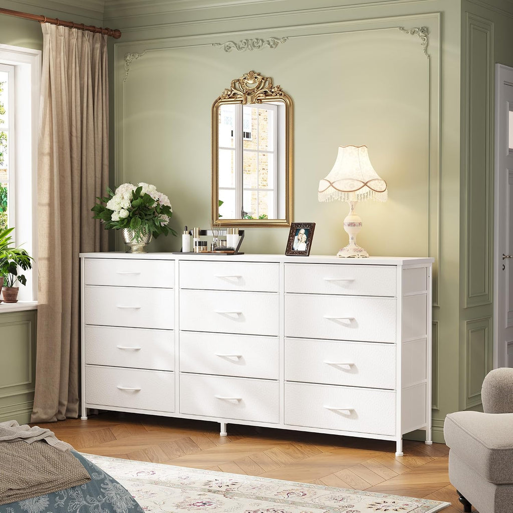 Romorgniz 55" Long Dresser for Bedroom with 12 Fabric Drawers, TV Stand for 60 inch TV Dressers & Chests of Drawers Large Organizer, Living Room, Metal Frame, Wood Top, White