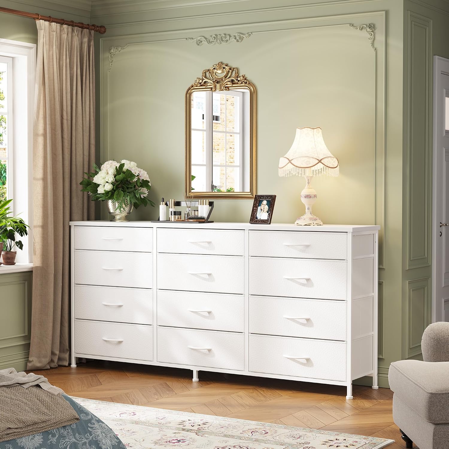 Romorgniz 55" Long Dresser for Bedroom with 12 Fabric Drawers, TV Stand for 60 inch TV Dressers & Chests of Drawers Large Organizer, Living Room, Metal Frame, Wood Top, White
