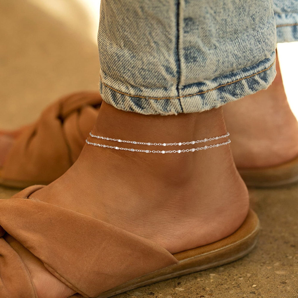 Freekiss Sterling Silver Ankle Bracelets for Women: Dainty Layered Waterproof Anklet for Women Adjustable Womens Anklet Set Stackable Figaro Beaded Cuban Link Anklets Beach Jewelry for Women