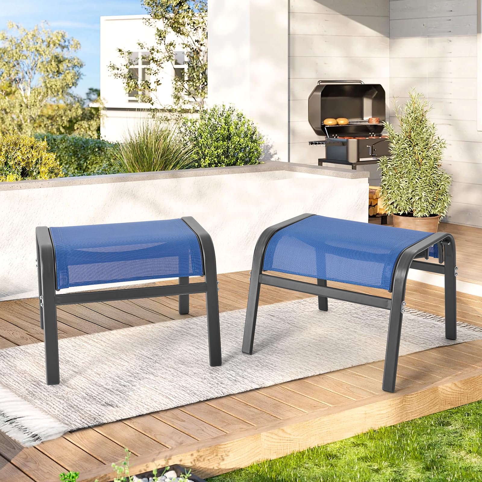 ONBRILL Outdoor Ottoman Set of 2, All Weather Outdoor Foot Stool with Supportive Textliene and Metal Frame, Stackable Oversized Outdoor Foot Rest for Furniture Patio Garden Pool, Beige