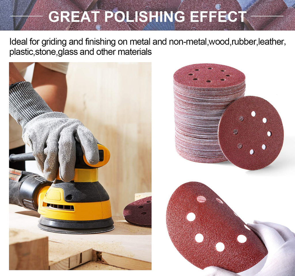 S SATC 72 PCS 5 Inch 8 Hole Hook and Loop Adhesive Sanding Discs Sandpaper for Random Orbital Sander 40 60 80 120 180 240 320 Grits