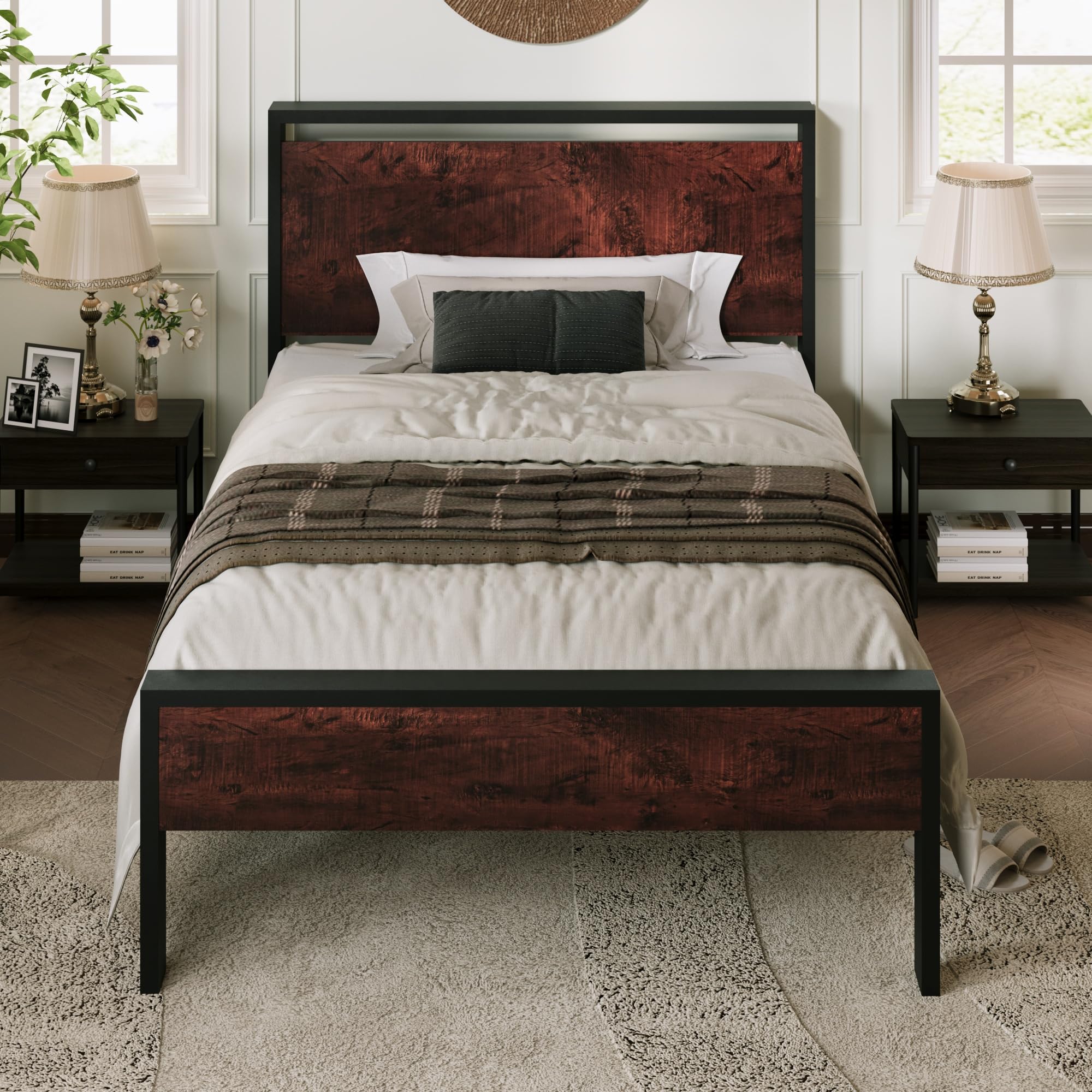 Allewie Twin Size Platform Bed Frame with Wooden Headboard and Footboard, Heavy Duty Metal Slats Support, No Box Spring Needed, Under-Bed Storage, Noise Free, Easy Assembly, Black Oak