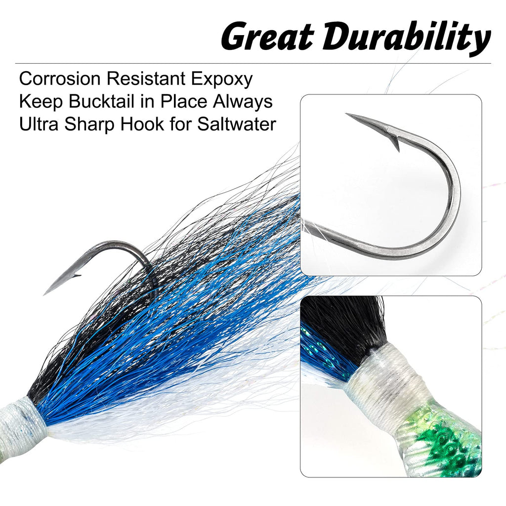 Dr.Fish 3 Pack Bucktail Jig Lure Hair Jig Saltwater Freshwater Lures Surf Fishing Bass Flounder Striper Bluefish Halibut Redfish