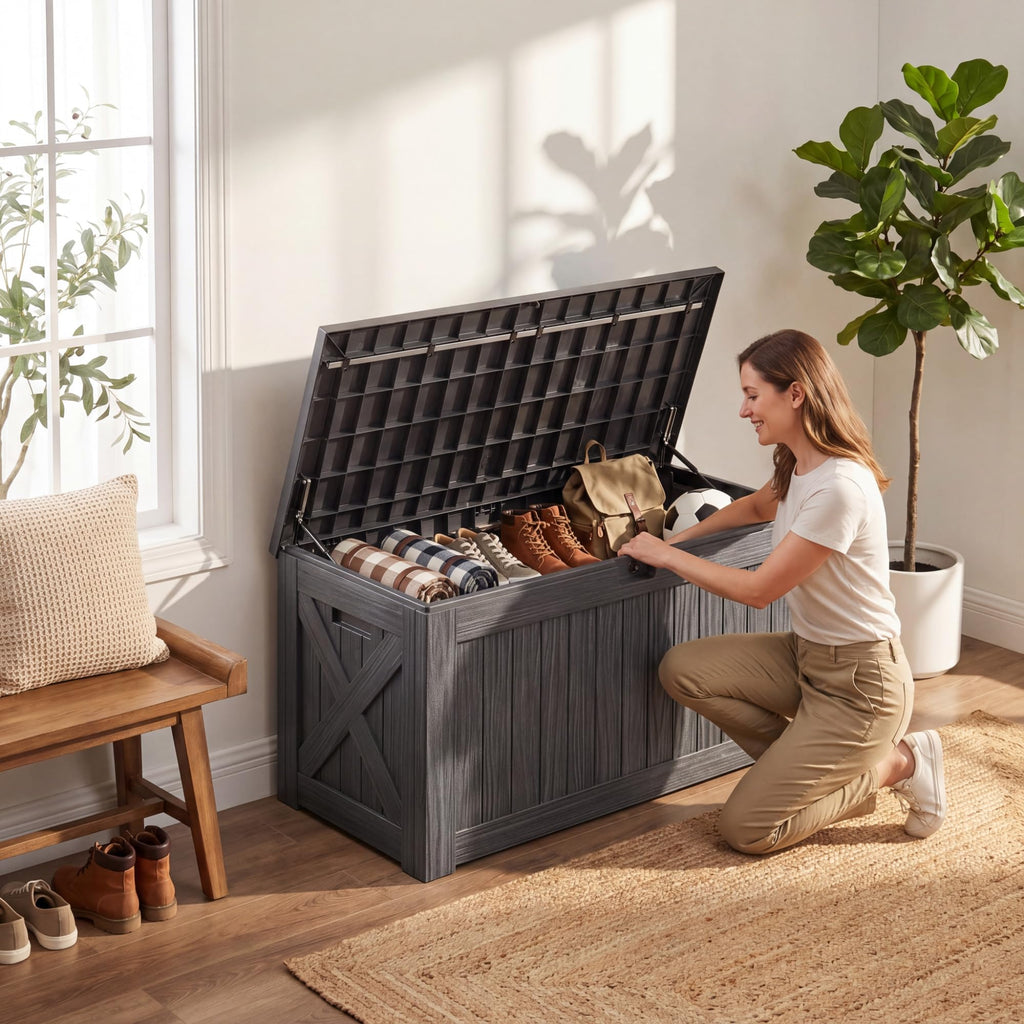 Flamaker Deck Box 30 Gallon, Waterproof Resin Small Storage Box with Lid, Outdoor Patio Furniture Cushion Garden Tool Organizer, Lockable Package Delivery Box for Porch Balcony (Black)