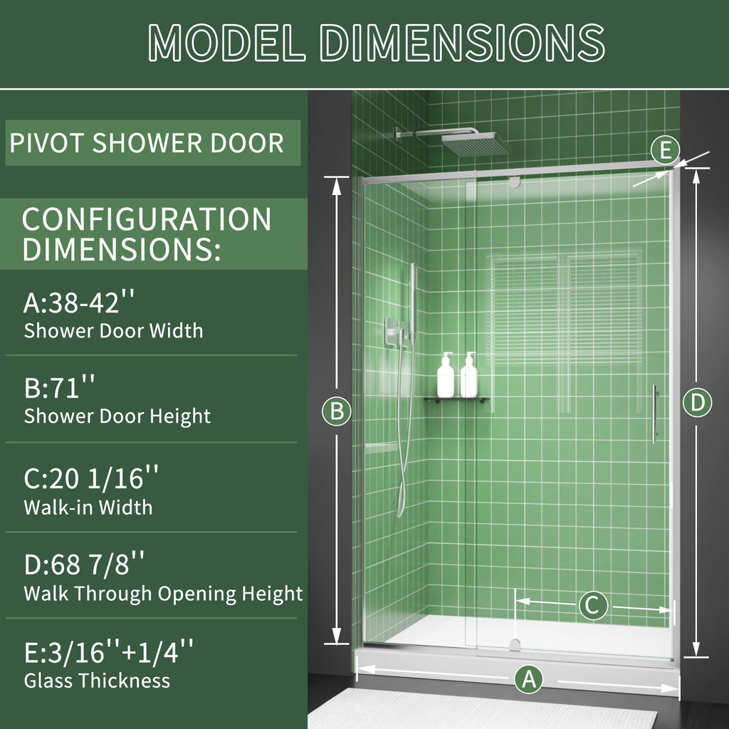 38–42 Inch W x 71 Inch H Semi-Frameless Pivot Shower Door, Swing Glass Shower Door with 1/4" (6mm) Clear SGCC Tempered Glass, Matte Black Finish, Reversible Installation for Bathroom