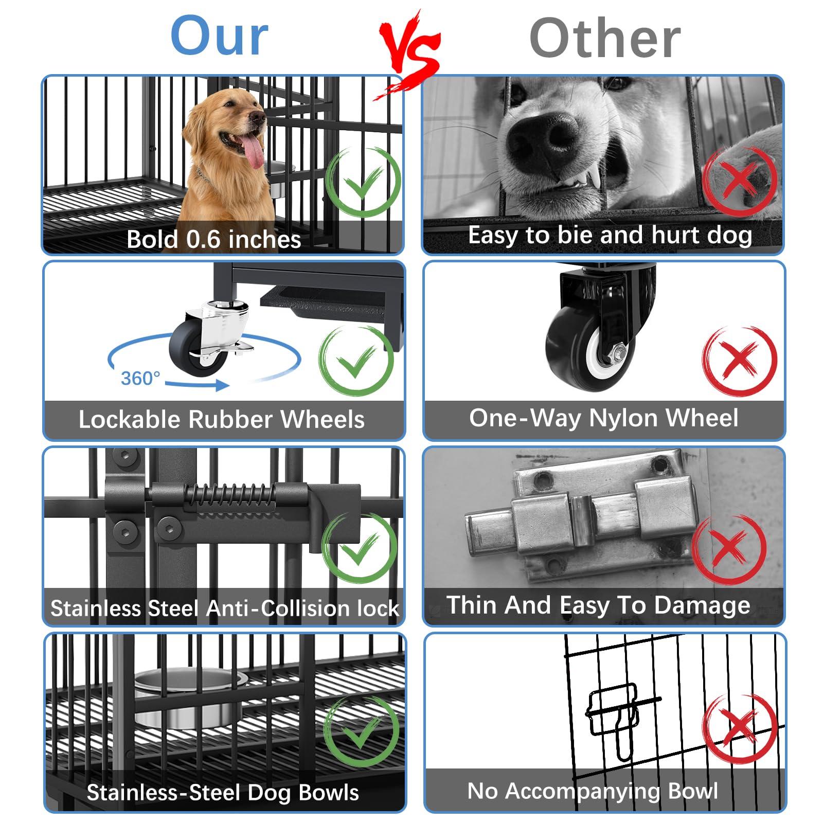 Dosker 42 inch Heavy Duty Metal Dog Crate with Divider for 2 Dogs/Large Dog, All Metal Open Top Escape Proof Cage, Indoor Dog Kennel with Wheels, Floor Grid, Tray, Feeding Bowl