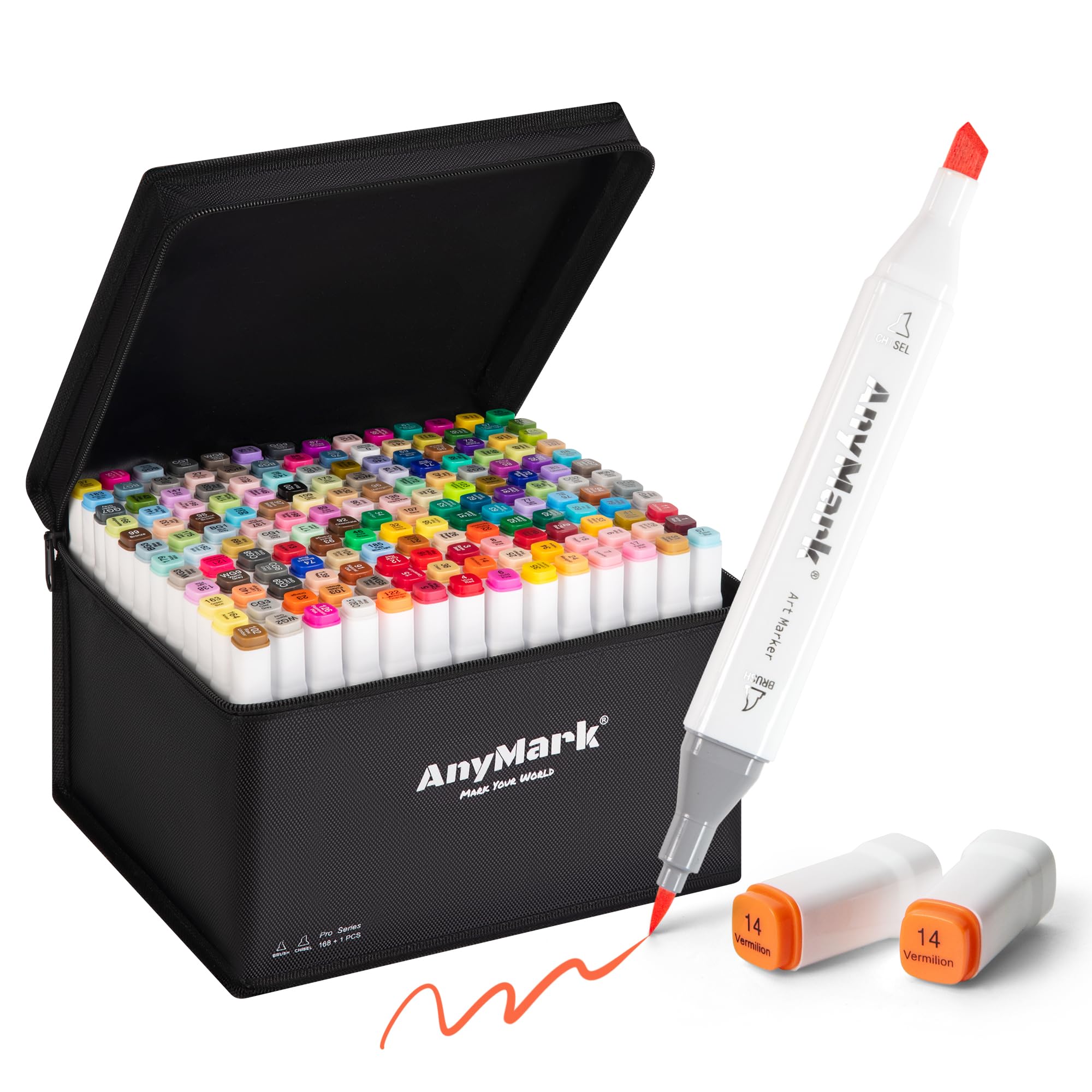 AnyMark Alcohol Markers Brush Tip, 60+1 Colors Dual Tip Brush & Chisel Alcohol-Based Art Markers Set with Case for Adult Artists Drawing Coloring