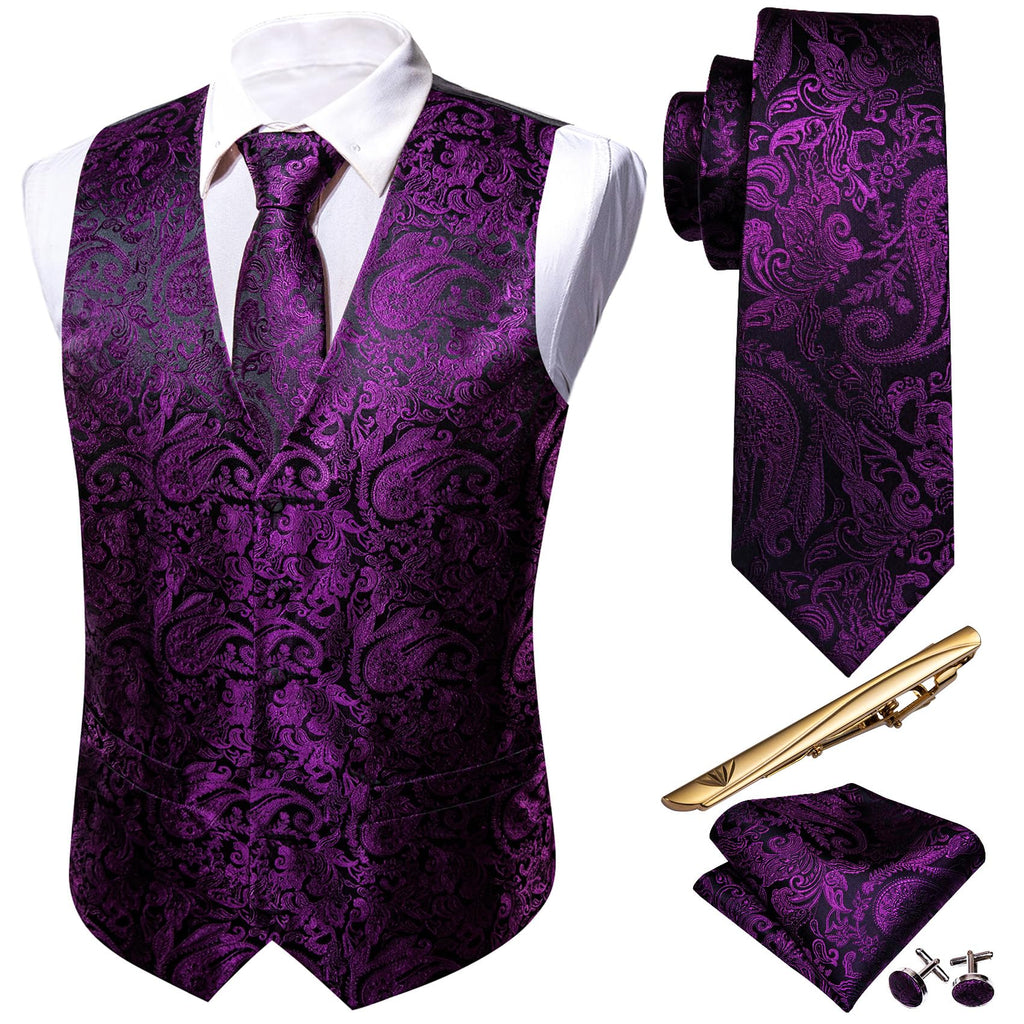 Barry.Wang Men's Suit Vest Formal/Leisure Paisley Jacquard Silk Tie Pocket Square Waistcoat Set Wedding 5PCS