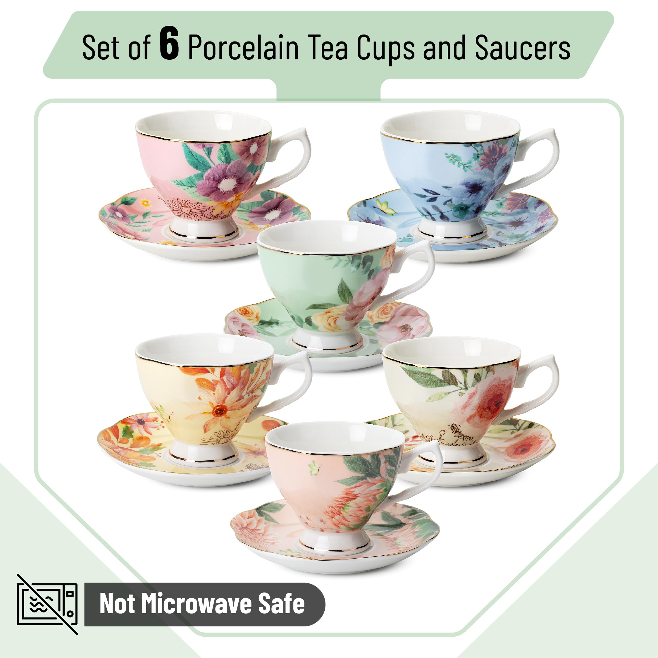 BTaT- Tea Cups and Saucers, Set of 6 with Spoon, 8 oz, Fine Porcelain Teacup Set with Gold Trim for Afternoon Tea, Weddings, Parties & Gifting, Dishwasher Safe, Lightweight, Non-Toxic