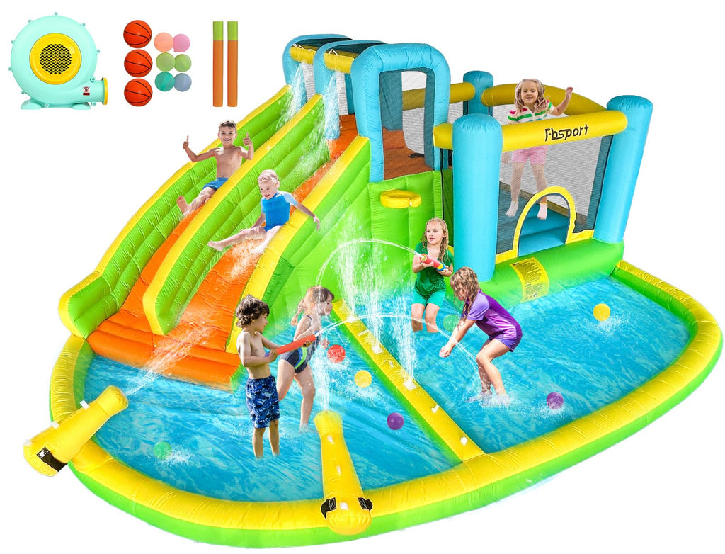 FBSPORT Inflatable Bounce House Double Slide,Water Slide Park Bounce House with Ball Pit,Water Cannon, Climbing Wall, Kids Bouncy Castle with 550W Air Blower for Backyard, Outdoor, Indoor