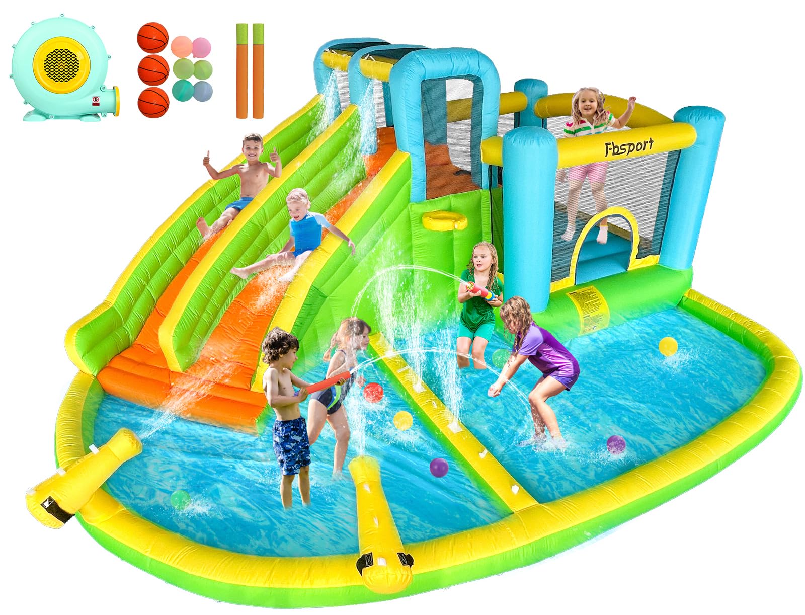 FBSPORT Inflatable Bounce House Double Slide,Water Slide Park Bounce House with Ball Pit,Water Cannon, Climbing Wall, Kids Bouncy Castle with 550W Air Blower for Backyard, Outdoor, Indoor