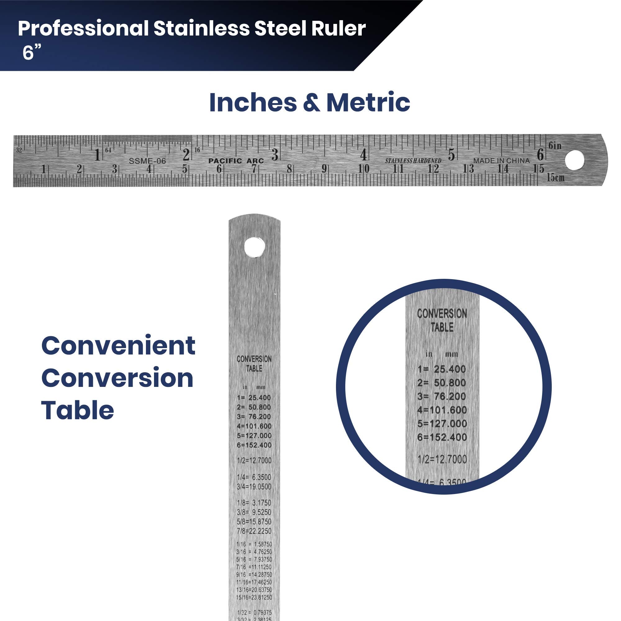 2 Pack Pacific Arc 12 Inch Stainless Steel Ruler with Inch/Metric Conversion Table