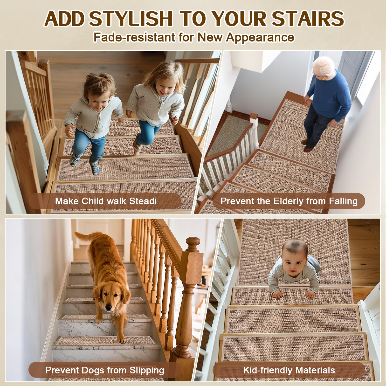 Non Slip Stair Treads for Wooden Steps, Square Rubber Backing Non Slip Stair Landing Mat, Thicken Linen Carpet Stair Runners Indoor, No Residue Stair Carpet Treads, 29"x29", Beige