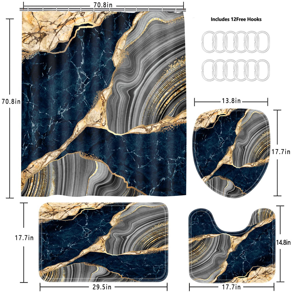 Nkzply 4 Pcs Black Marble Shower Curtain Sets with Rugs Gold Bathroom Sets with Shower Curtain and Rugs Modern Abstract Bathroom Decor Accessories Shower Curtains for Bathroom Toilet Lid Cover