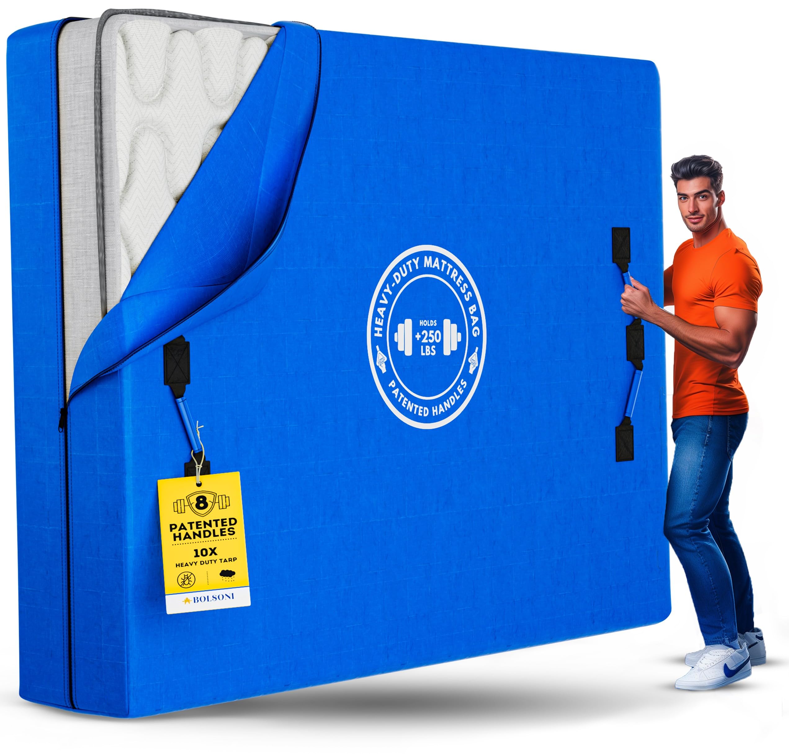 Bolsoni Twin XL Size Mattress Bags for Moving and Storage | Extra Thick Heavy Duty Reusable Mattress Cover Protector Tarp with Premium Strong Zipper and 8 Patented Easy to Carry Handles