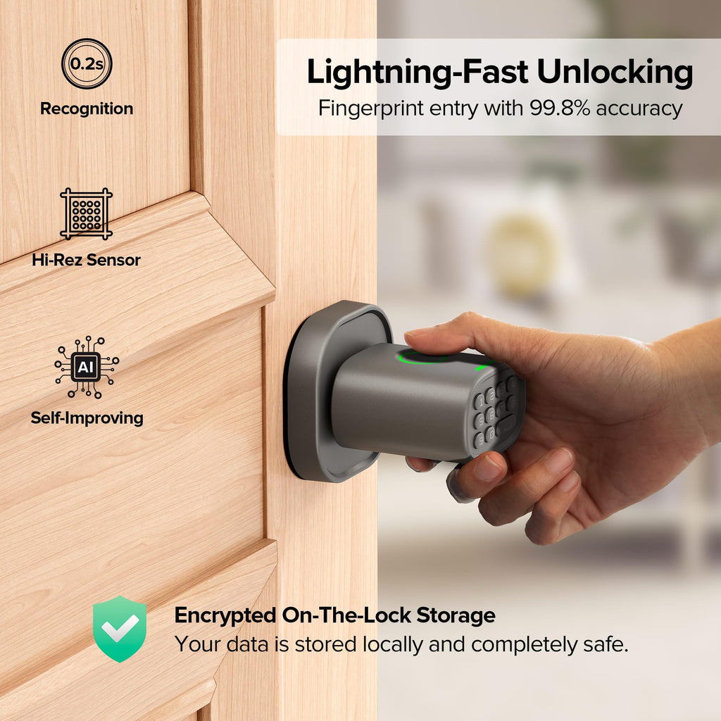 ThorBolt Fingerprint Door Lock with Keypad Door Knob, HomeKit Lock Over 𝗧𝗛𝗥𝗘𝗔𝗗, HomeKit Hub 𝗥𝗲𝗾𝘂𝗶𝗿𝗲𝗱, 𝗶𝗢𝗦 𝗢𝗡𝗟𝗬 Smart Lock for Interior Door, Bedroom, Office, MK1 Black