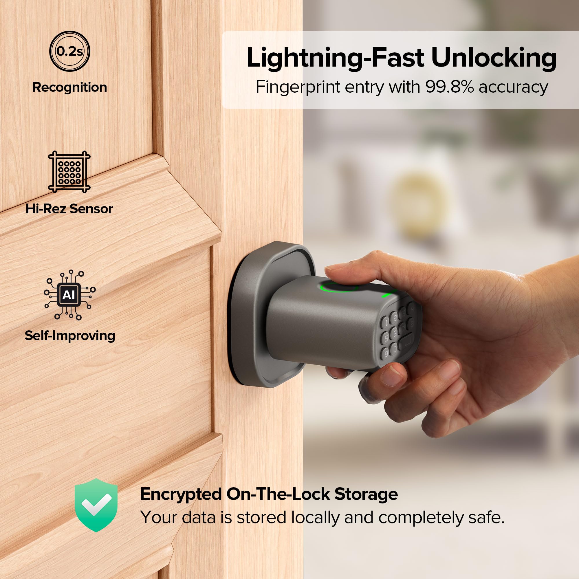 ThorBolt Fingerprint Door Lock with Keypad Door Knob, HomeKit Lock Over 𝗧𝗛𝗥𝗘𝗔𝗗, HomeKit Hub 𝗥𝗲𝗾𝘂𝗶𝗿𝗲𝗱, 𝗶𝗢𝗦 𝗢𝗡𝗟𝗬 Smart Lock for Interior Door, Bedroom, Office, MK1 Black