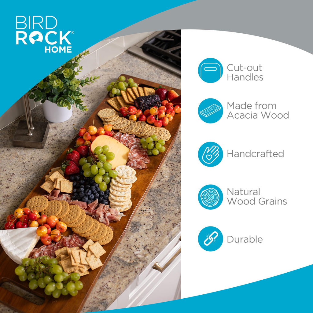BIRDROCK HOME Acacia Wooden Cheese & Charcuterie Board with Handles 22" | Rectangular Food Platter for Bread, Meat, or Appetizers | Natural Wood Serving Tray Cutting Board for Kitchen & Outdoor Use