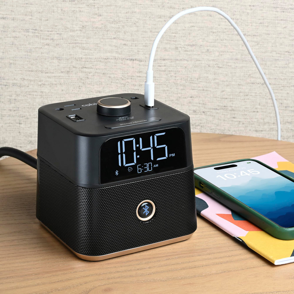 Brandstand | CubieBlue | User Friendly & Convenient Alarm Clock Charger | 2 USB Ports | 2 Tamper Resistant Sockets | Brandstand Bluetooth Speaker