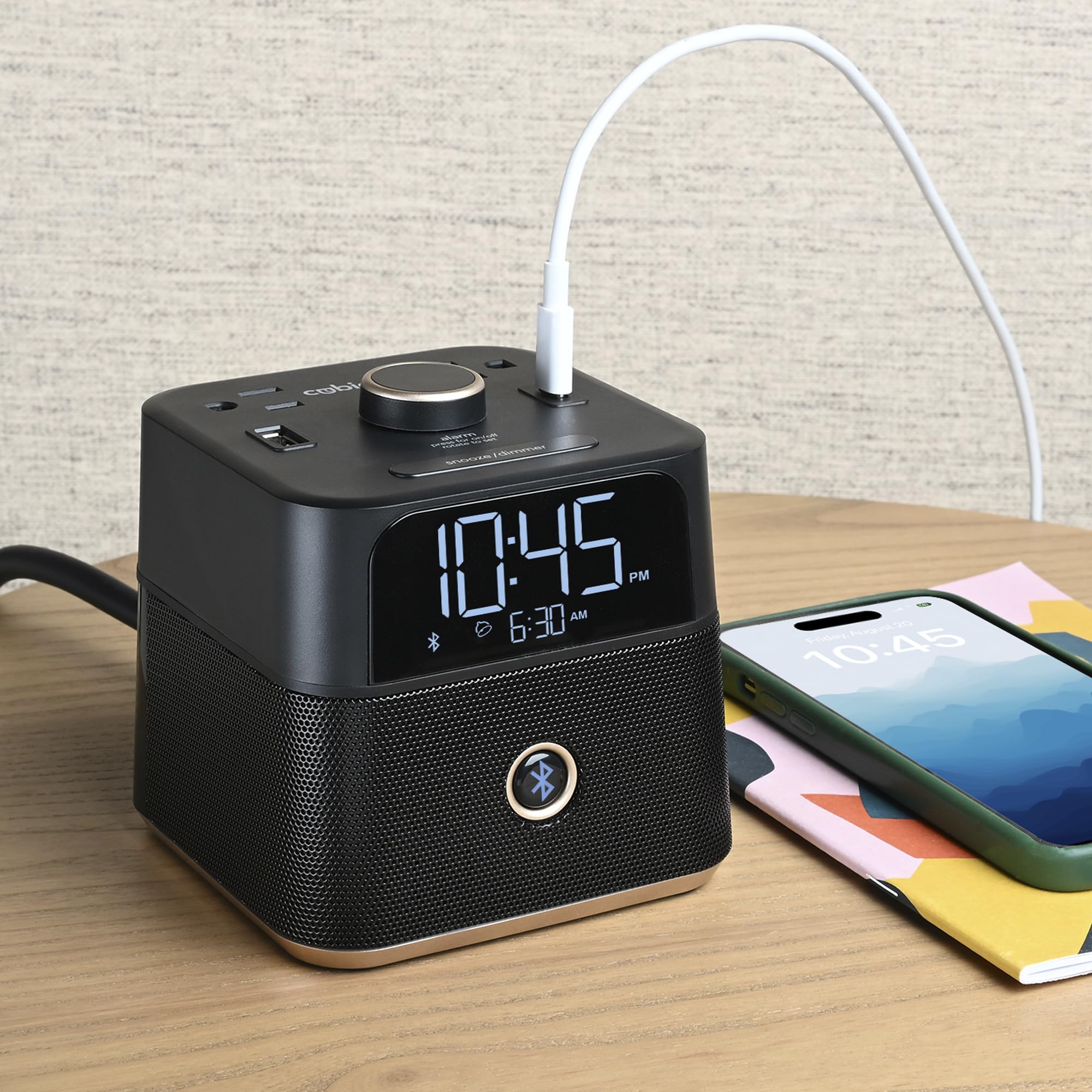 Brandstand | CubieBlue | User Friendly & Convenient Alarm Clock Charger | 2 USB Ports | 2 Tamper Resistant Sockets | Brandstand Bluetooth Speaker