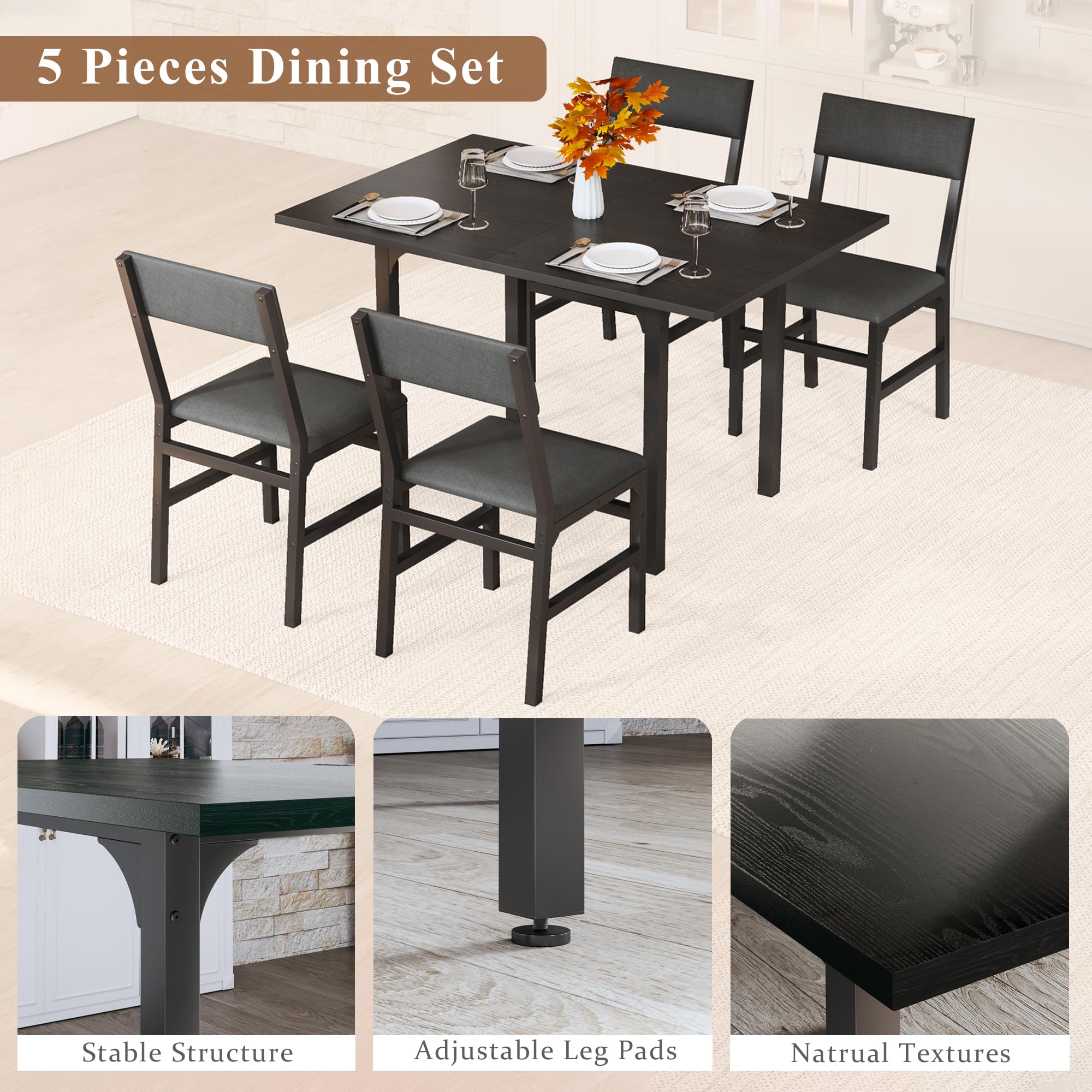 HUAHUU Dining Table Set for 4, Extendable Kitchen Table Cushion Chairs Set of 4, Rectangle Dining Table with Metal Frame & MDF Board, Folding for Small Apartment Saving Space, Black