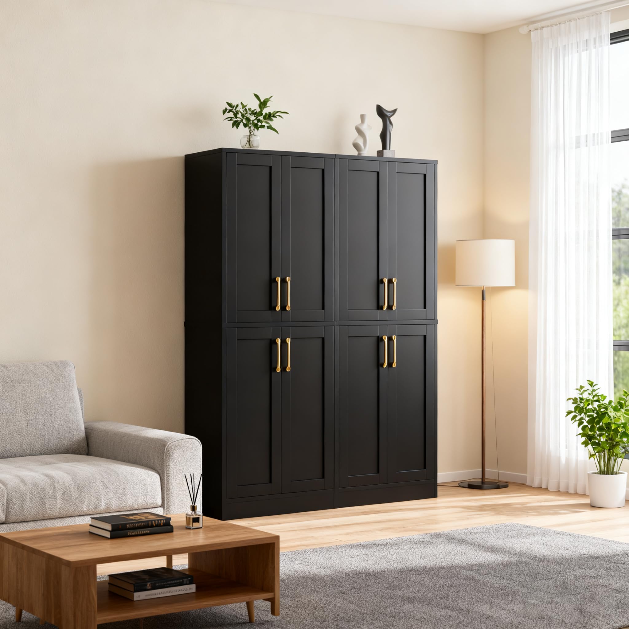 Pantry - Kitchen Pantry Cabinet with 4 Doors and Adjustable Shelves, Tall Black Cabinet Freestanding Storage Cupboard for Dining Room Living Room, Laundry, Bathroom (Black)