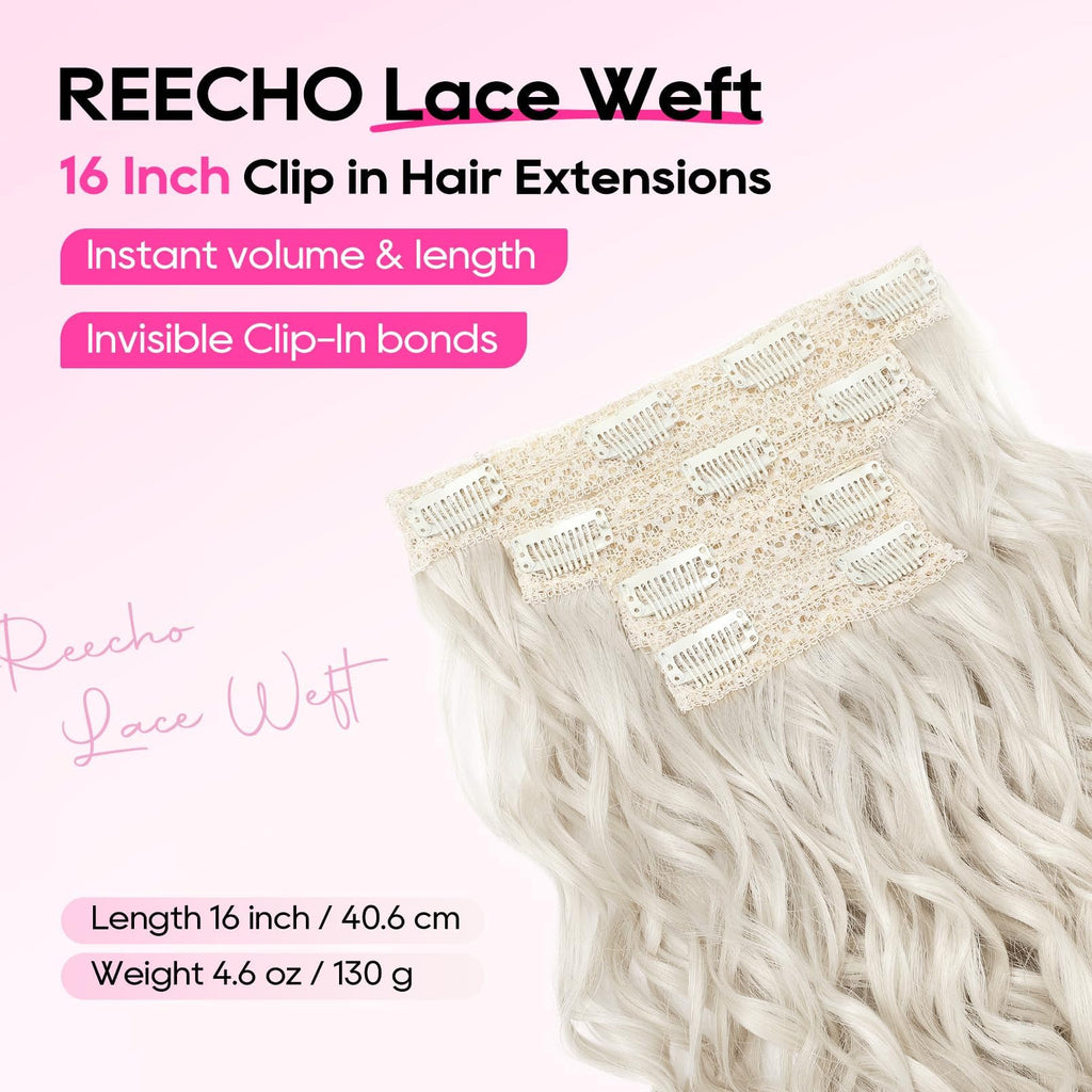 REECHO Curly Hair Extensions, 4PCS 16 inch Clip in Hair Extensions Lace Weft Short Curly Hair Extensions Clip Ins Invisible Natural Hairpieces for Women, Ash Blonde with Highlights