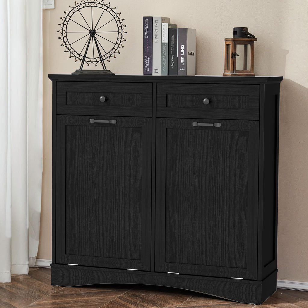 AHB Double Tilt Out Trash Can Cabinet Freestanding Kitchen Trash Can, 2x13 Gallons Hidden Garbage Recycling Cabinet with Hideaway Drawers Pet Proof Trash Can Holder for Kitchen, Antique White