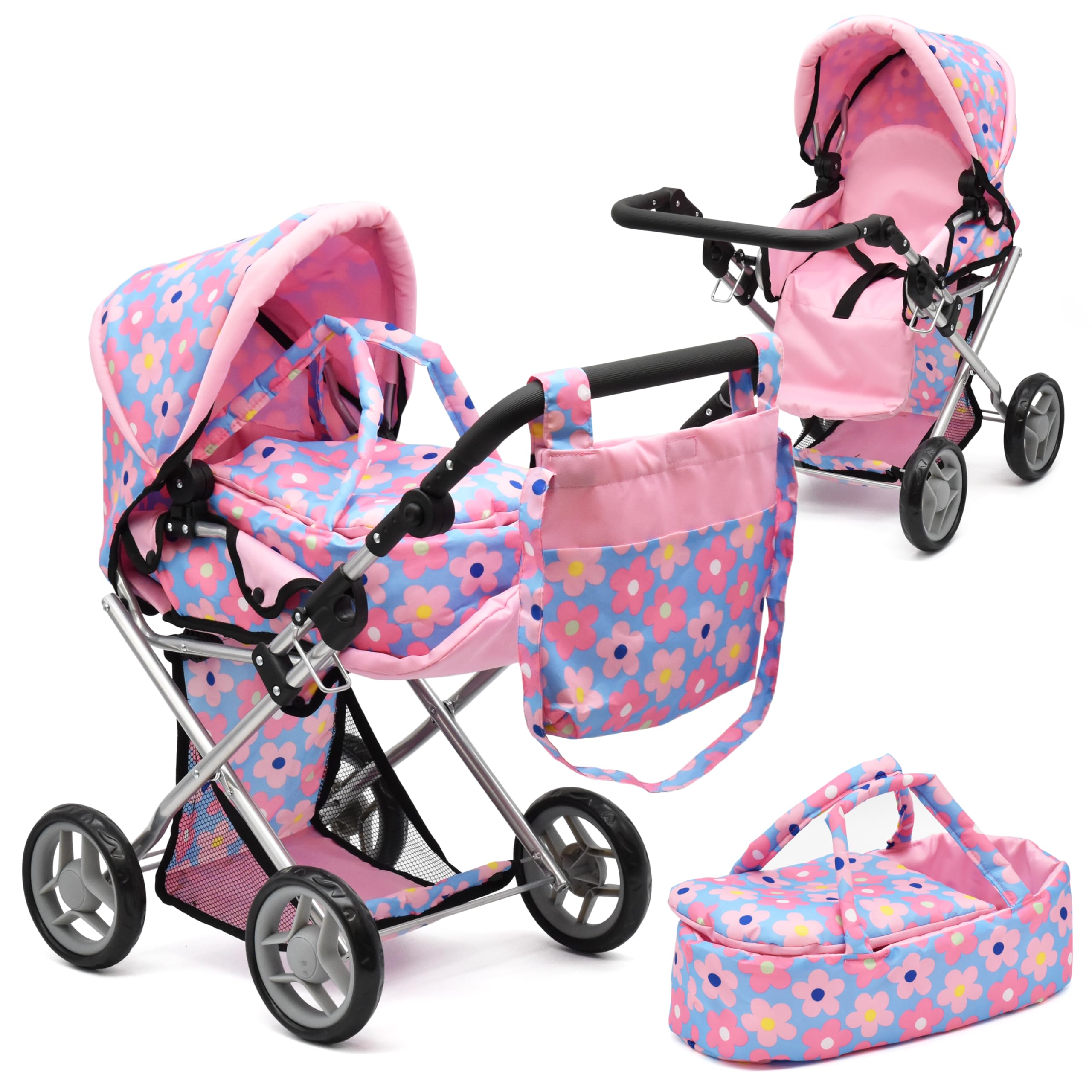 Baby Doll Convertible Pram Stroller with Removable Travel Bassinet Carrier for Kids Adjustable Handle Buggy Carriage with Canopy and Storage Basket 25 Inch Pink, Black