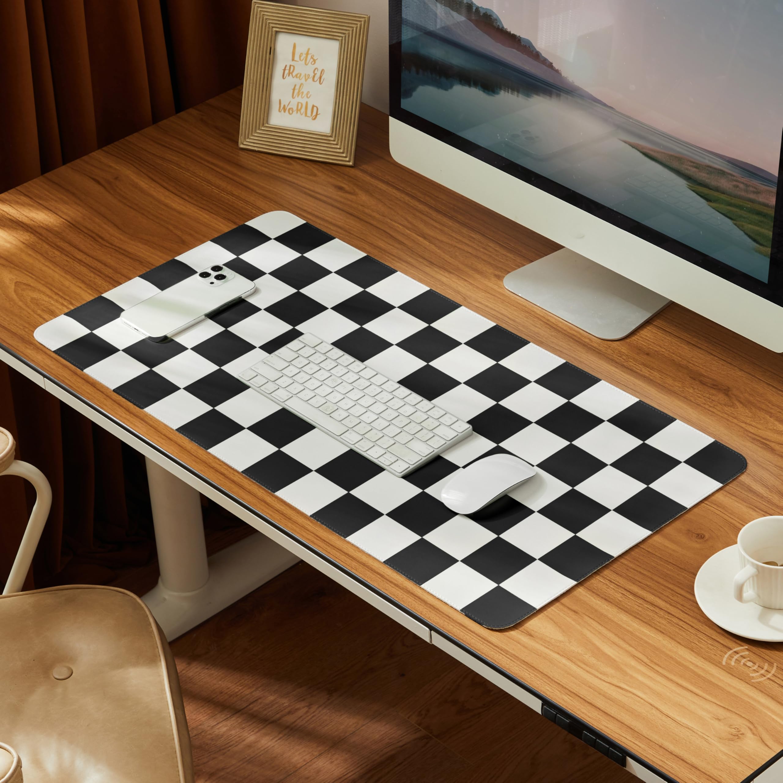 Ohocut Checkered Desk Mat, Large Cute Aesthetic Retro PU Leather Computer Laptop Desk Mat, Non-Slip Waterproof Mouse Keyboard Pad, Desk Writing Mat for Work/Home (Beige, 23.6" x 13.7")