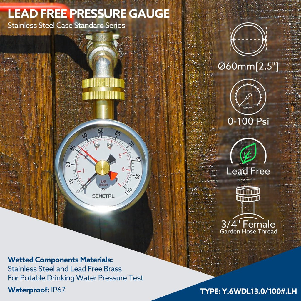 SENCTRL 0-100 psi Water Pressure Gauge Test with Lazy Hand, Lead-Free, 2-1/2" Dial Size, 3/4" Female Garden Hose Thread, IP67 Waterproof, Stainless Steel Case, for Home Potable Water, House Tube