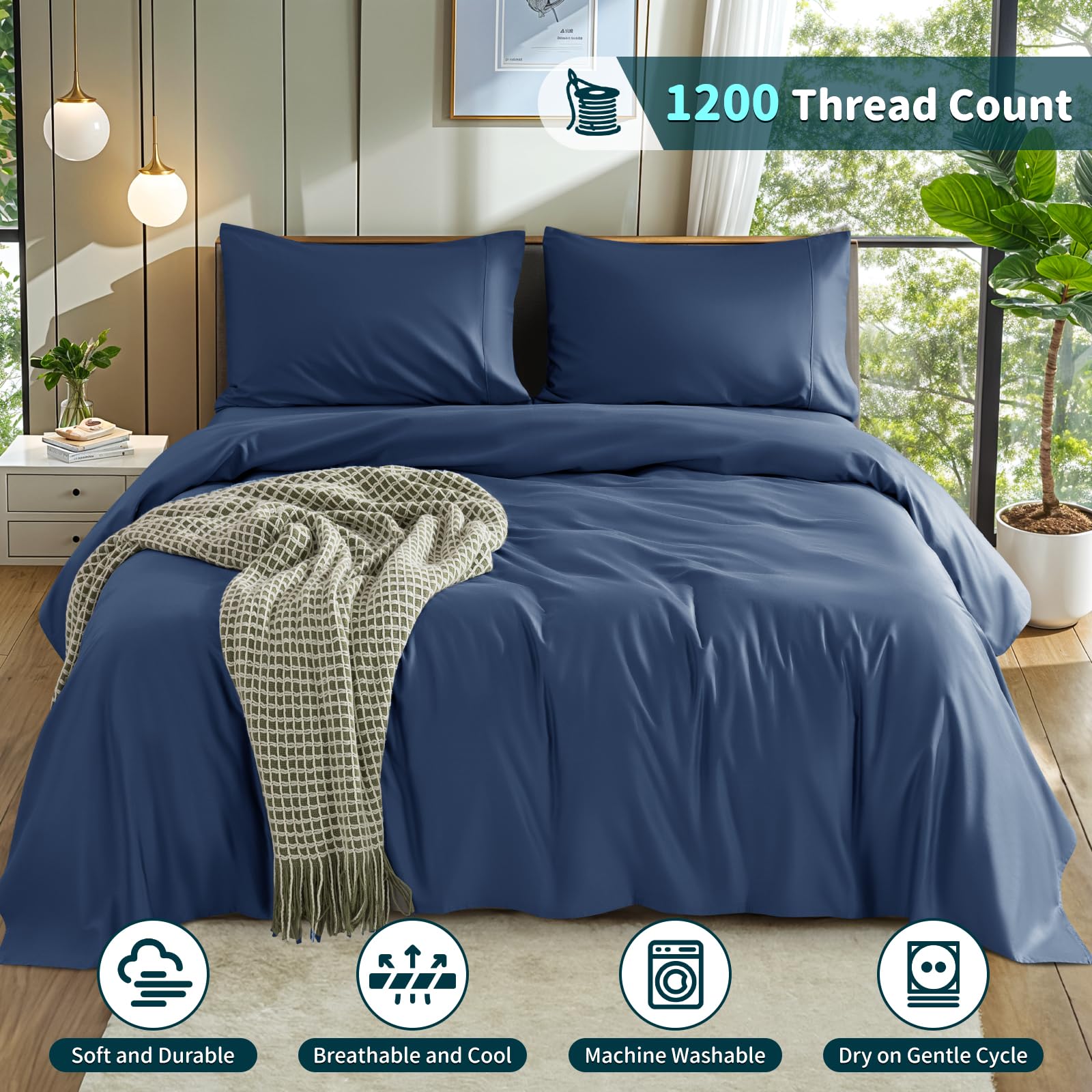 LBRO2M 100% Cotton 1200 Thread Count Full Size Sheets Set,16 inches Deep Pocket,Bed Sheet 4 Piece Sets (Black, Full)