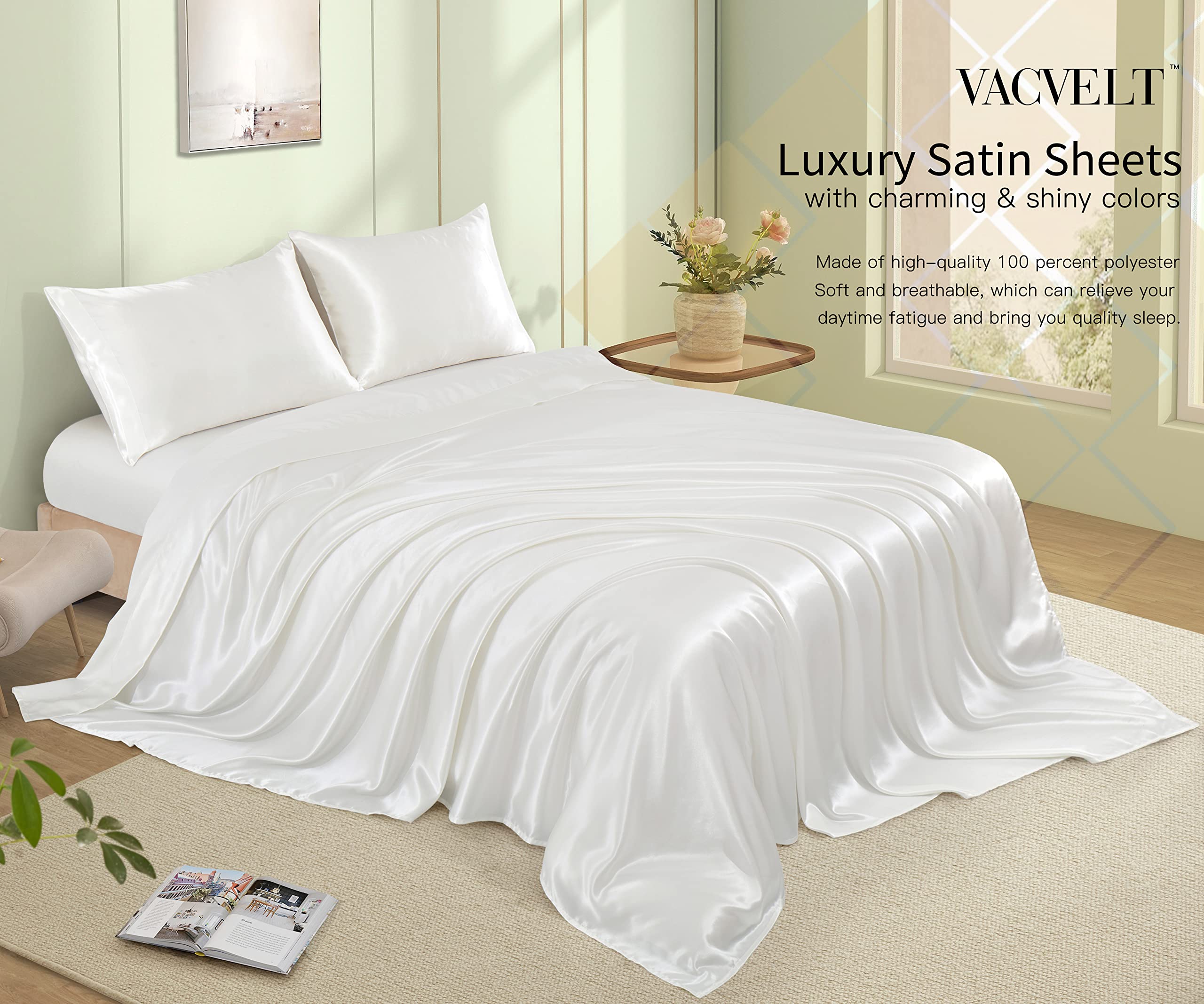 VACVELT 3pcs Beige Satin Sheets Twin Size Bed Set, 15 Inch Deep Pocket Silky Satin Sheet Set, Soft Satin Bedding Set Cooling & Luxury Bed Sheets, 1 Fitted Sheet + 1 Flat Sheet + 1 Pillowcase