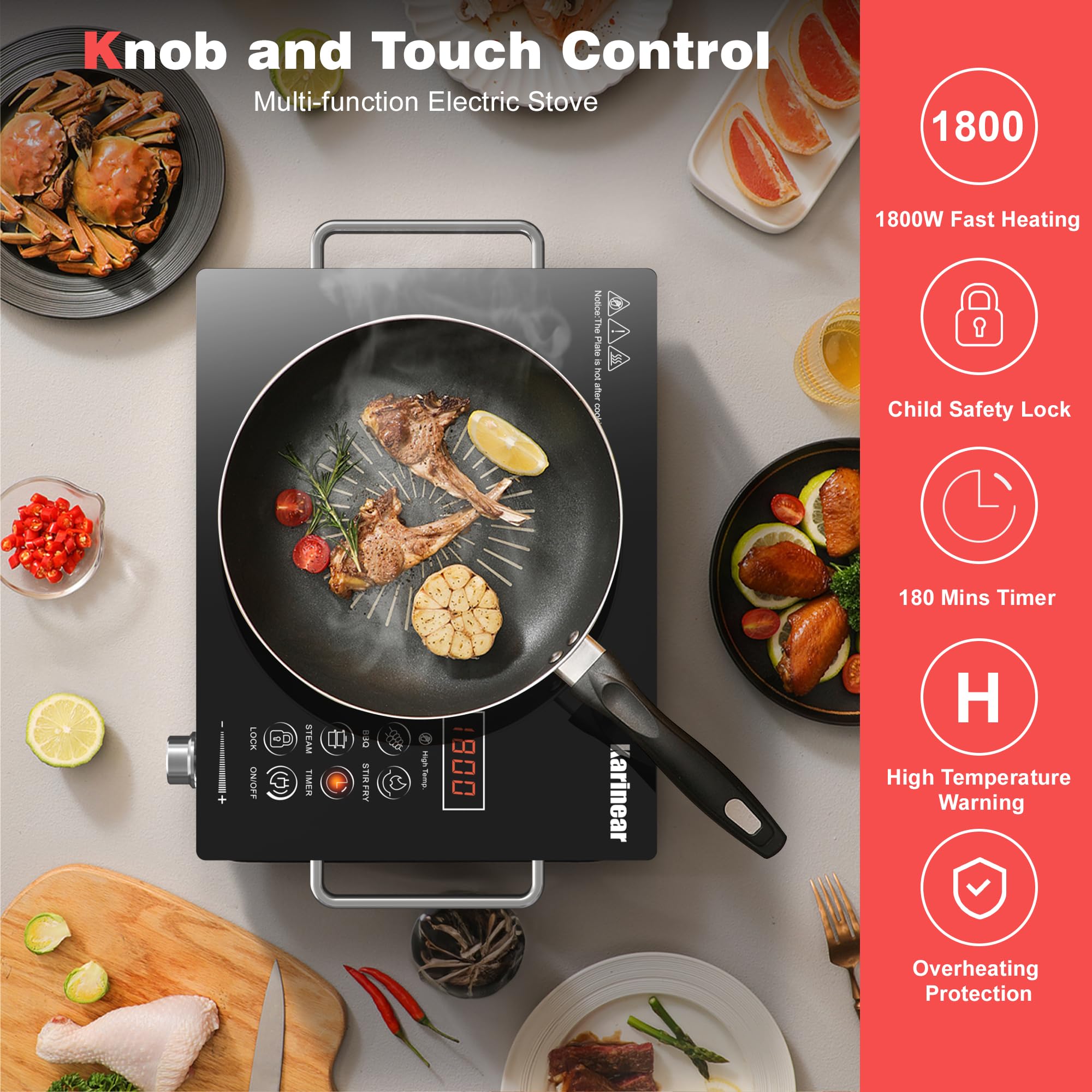 Karinear Portable Electric Stove 110V, 1800W Electric Hot Plate with Handle, Knob Control Single Burner Electri Cooktop, Ceramic Infrared Countertop Burner, Timer, Safety Lock(Green)